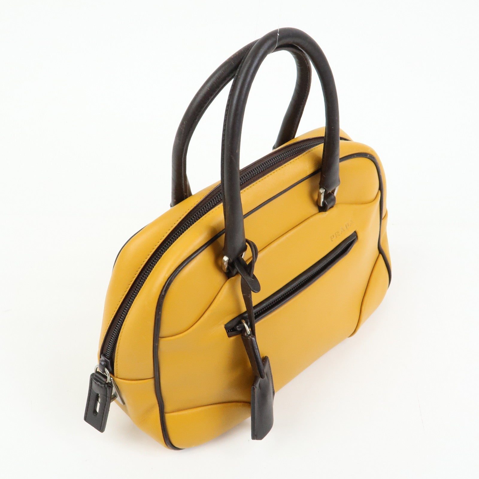 PRADA Leather Bicolor Hand Bag Bowling Bag Yellow Brown