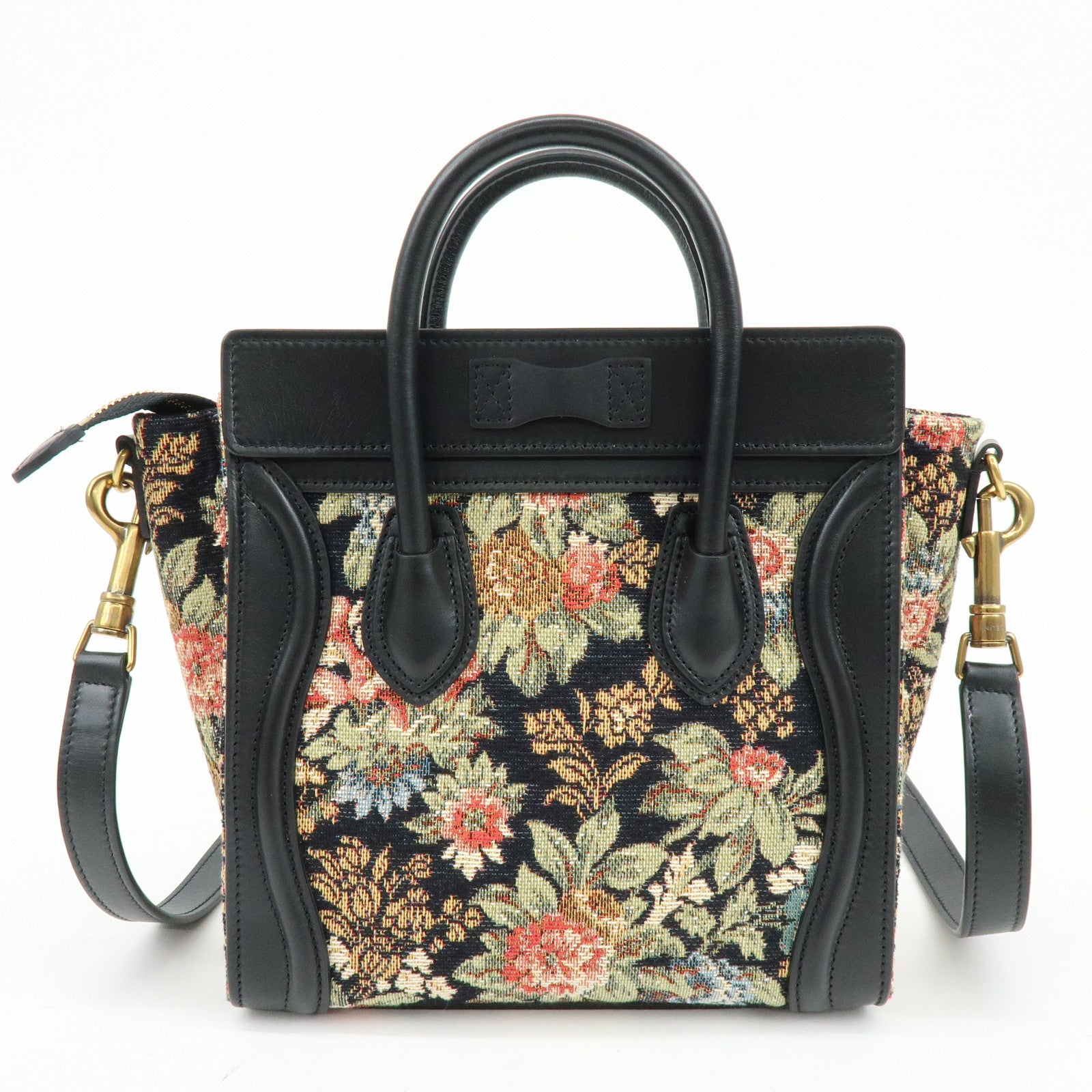 CELINE Luggage Jaquard Canvas Leathre Flower 2Way Shoulder Bag Black