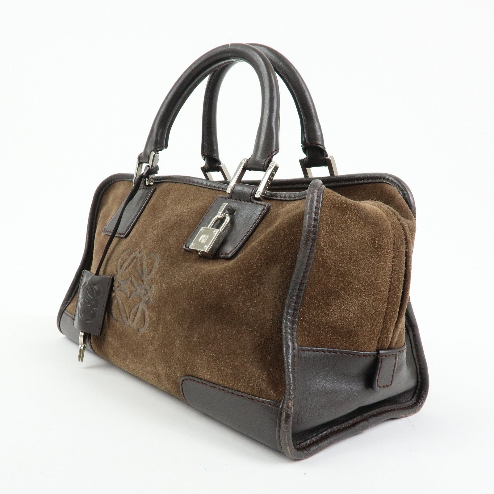LOEWE Anagram Amazona 28 Suede Leather Hand Bag Boston Bag Brown