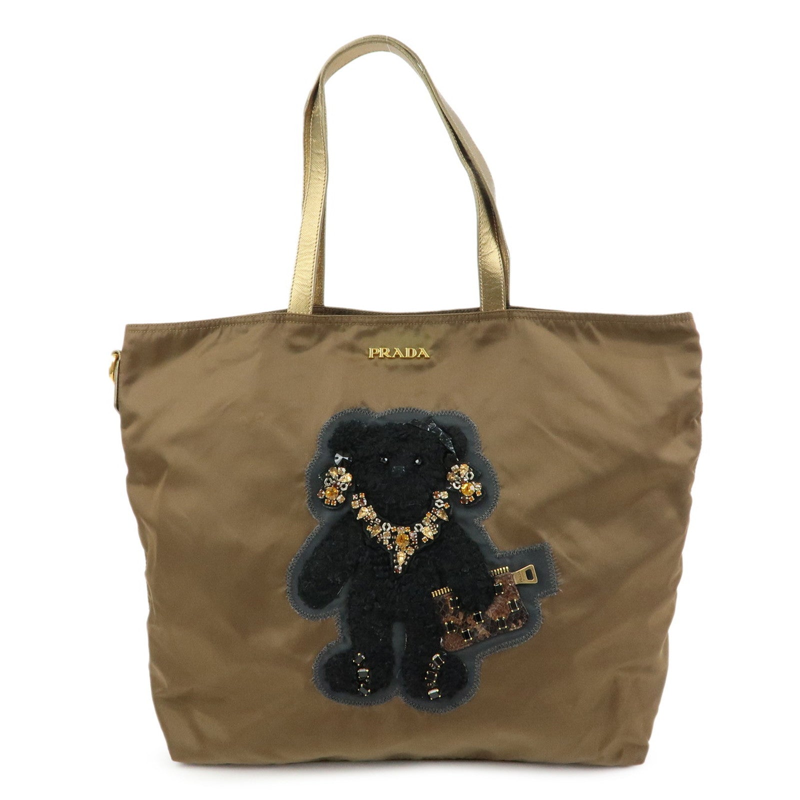 PRADA Bijoux Bear Motif Nylon Saffiano Leather Tote Bag Khaki Gold