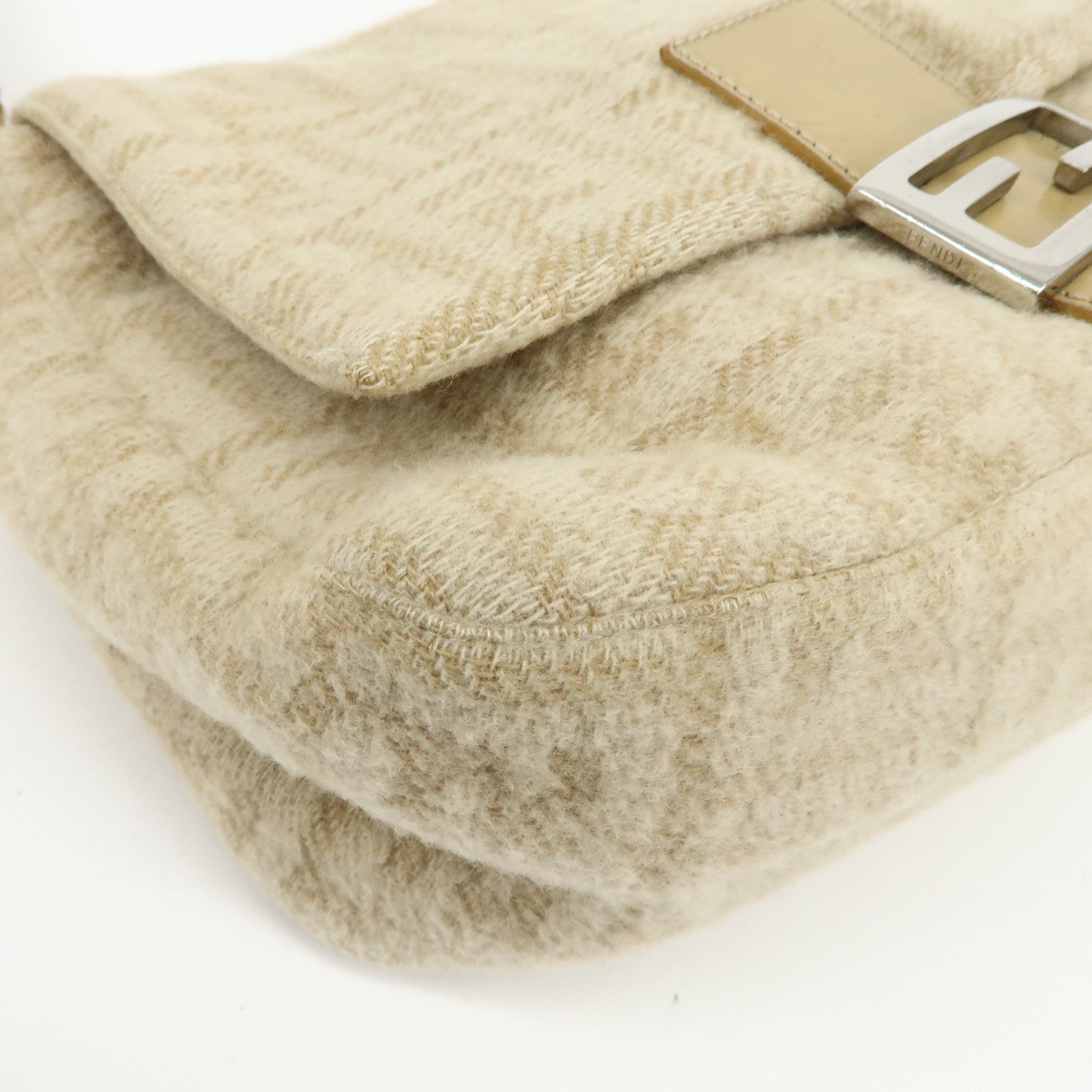 FENDI Mamma Baguette Zucca Wool Leather Shoulder Bag Beige 26325