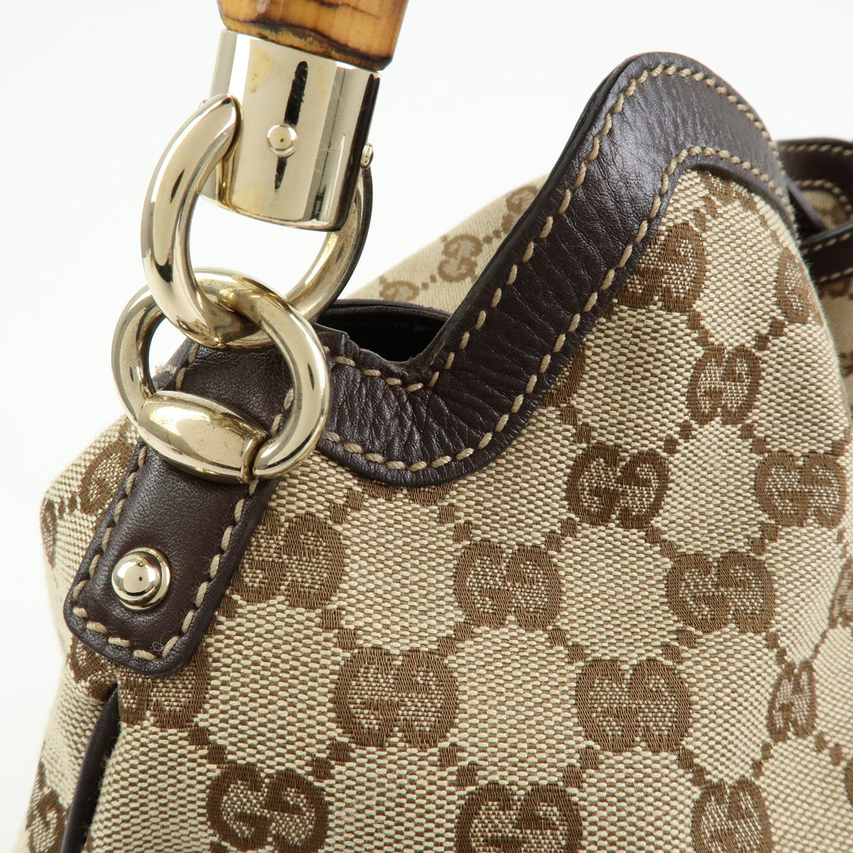 GUCCI Bamboo GG Canvas Leather 2Way Bag Hand Bag Beige Brown 169976