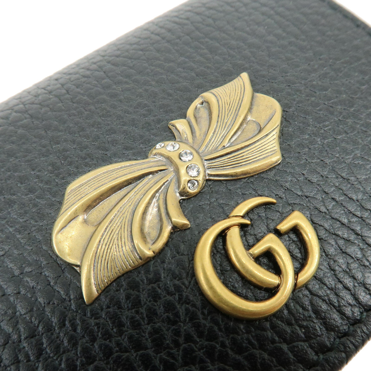GUCCI Double G Leather Compact Bi-fold Wallet Ribbon Motif Black 524289