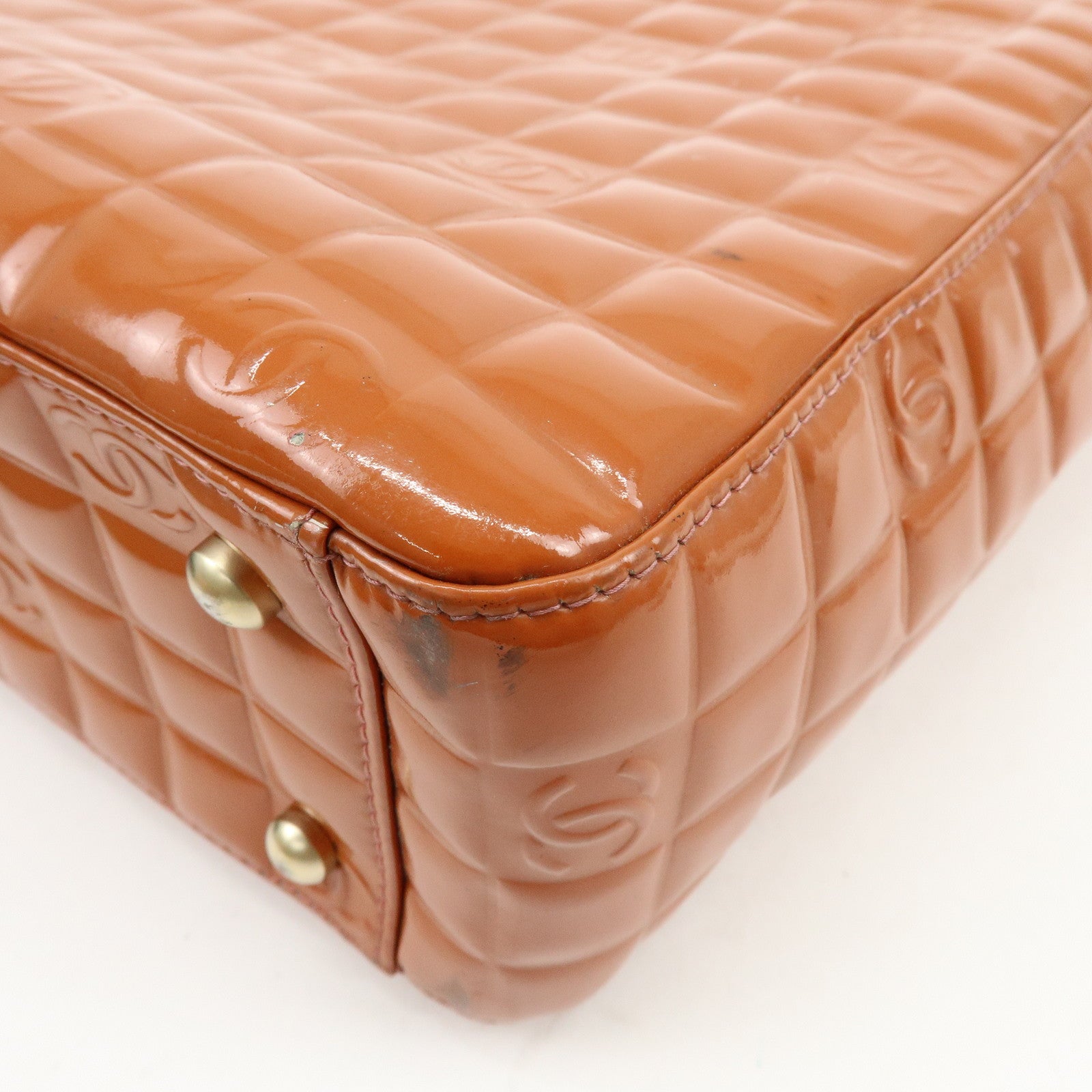 CHANEL Chocolate Bar COCO Mark Patent Leather Hand Bag Tote Bag Orange