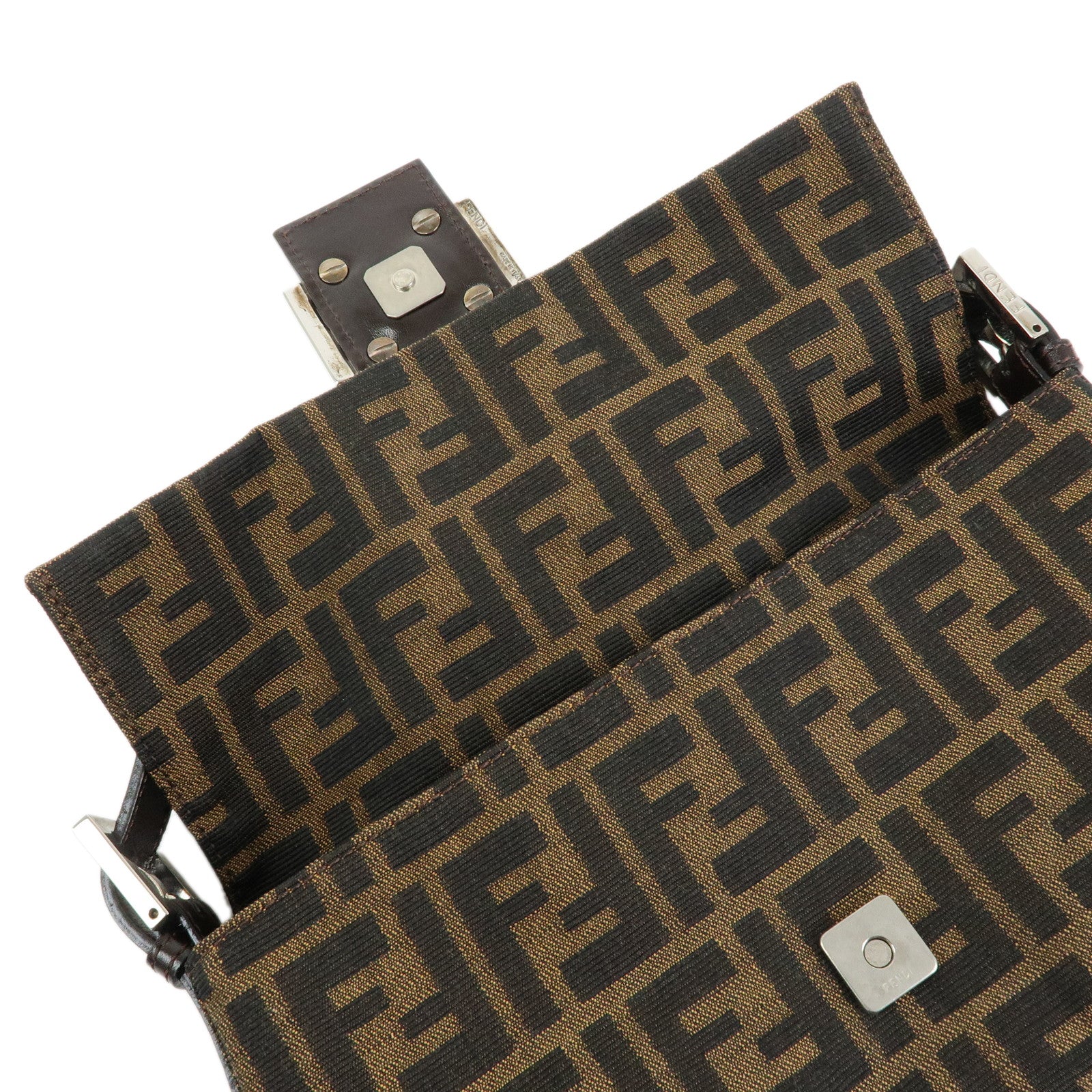 FENDI Mamma Baguette Zucca Canvas Leather Shoulder Bag Brown 26424