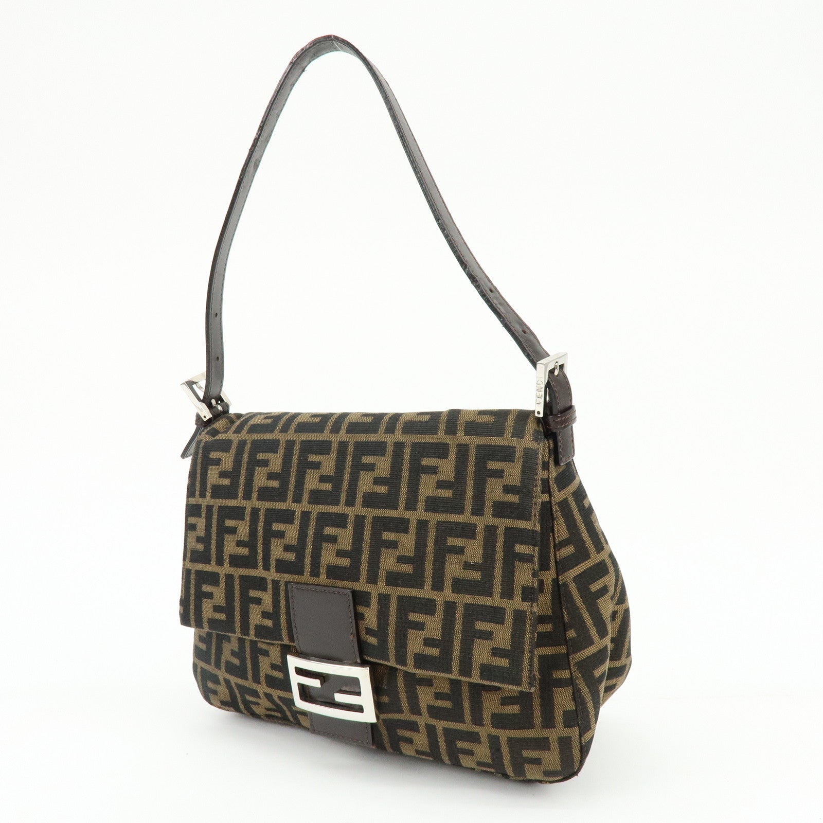 FENDI Mamma Baguette Zucca Canvas Leather Shoulder Bag Brown 26325