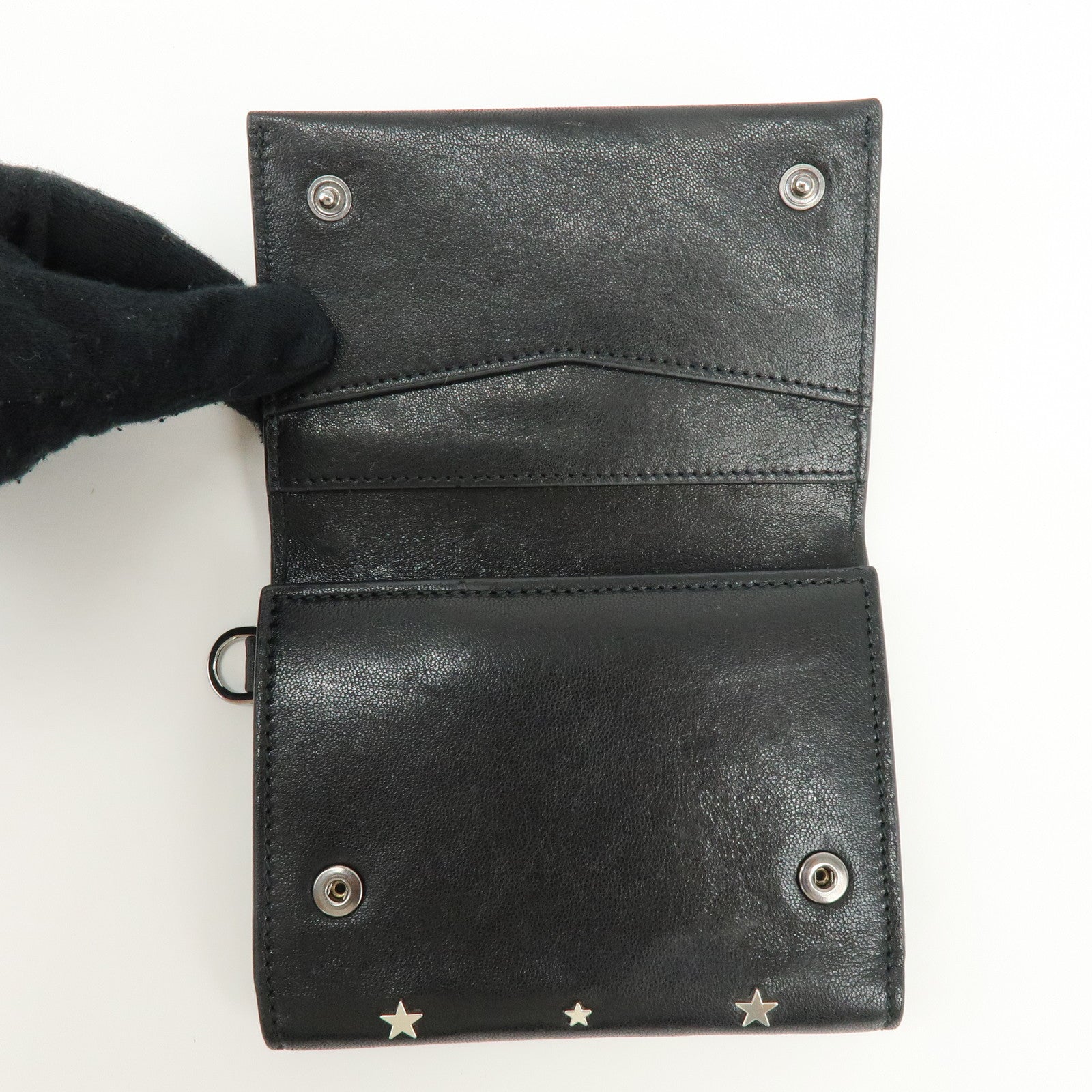 Jimmy Choo Leather Tri-fold Chain Wallet Studs Stars Black