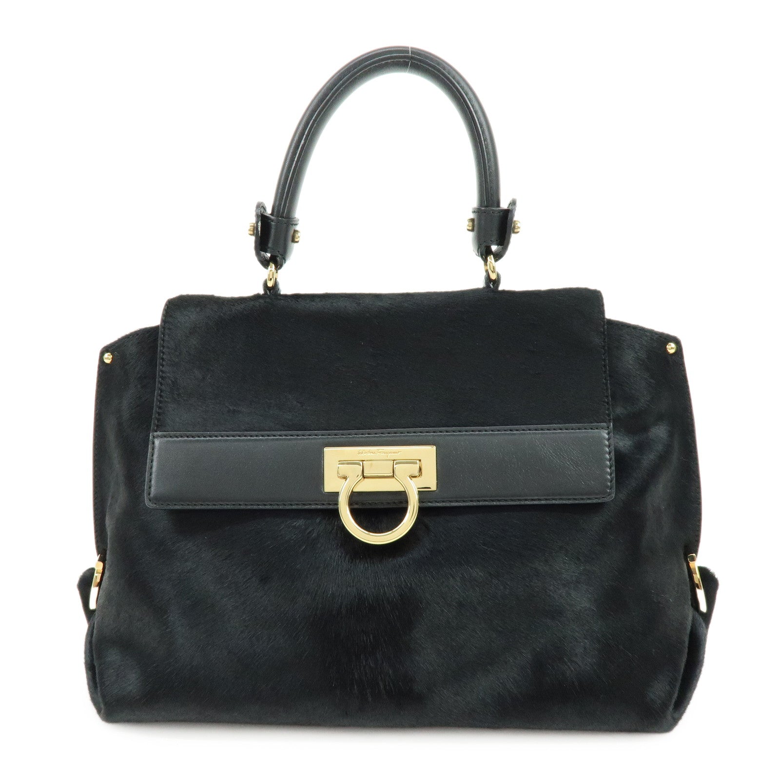 Ferragamo Gancini Unborn Calf Leather 2Way Bag Top Handle Bag Black