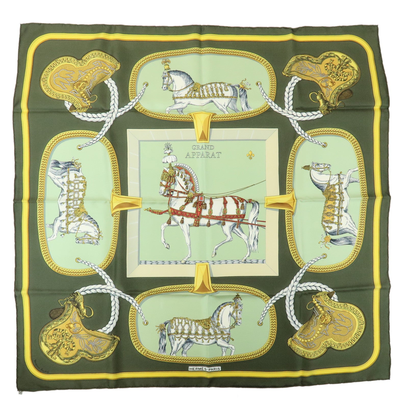 HERMES Carre 90 Silk 100% Scarf GRAND APPARAT Khaki Gold Green