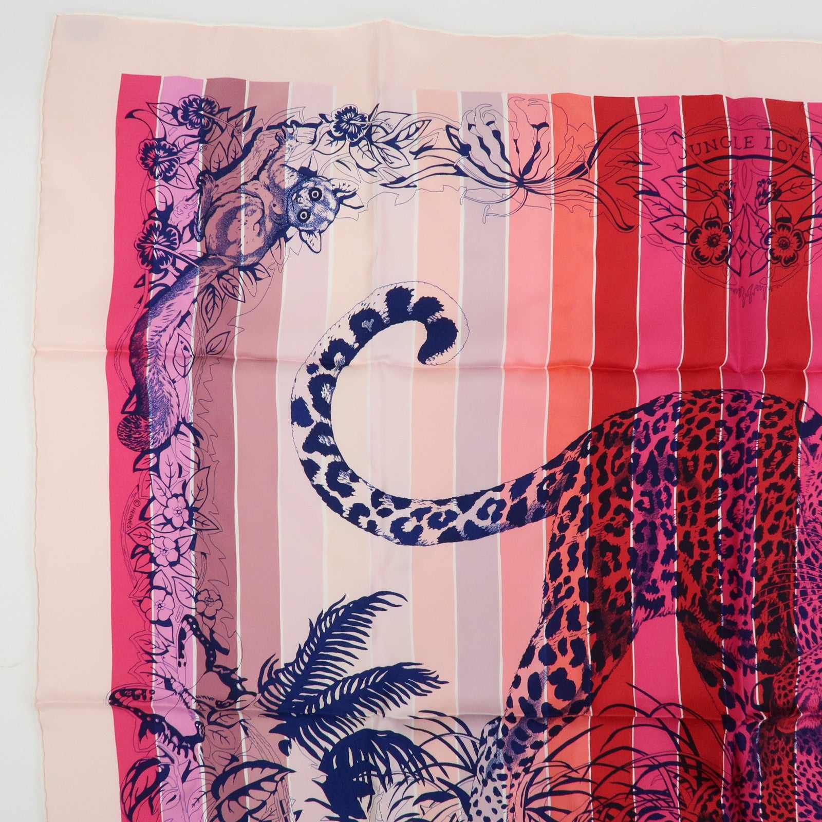 HERMES Carre 90 Silk 100% Scarf JUNGLE LOVE Stripe Pink Red Purple