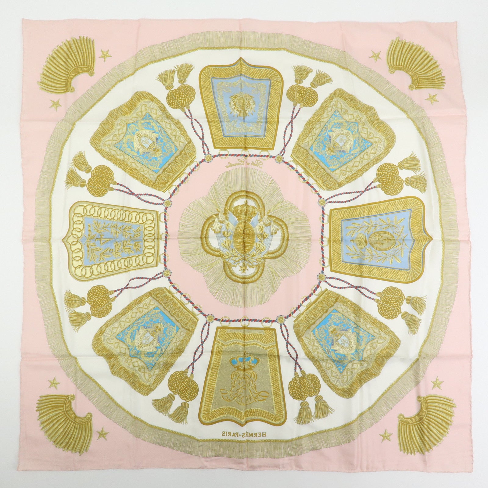 HERMES Carre 90 Silk 100% Scarf Poste et Cavalerie Light Pink Gold
