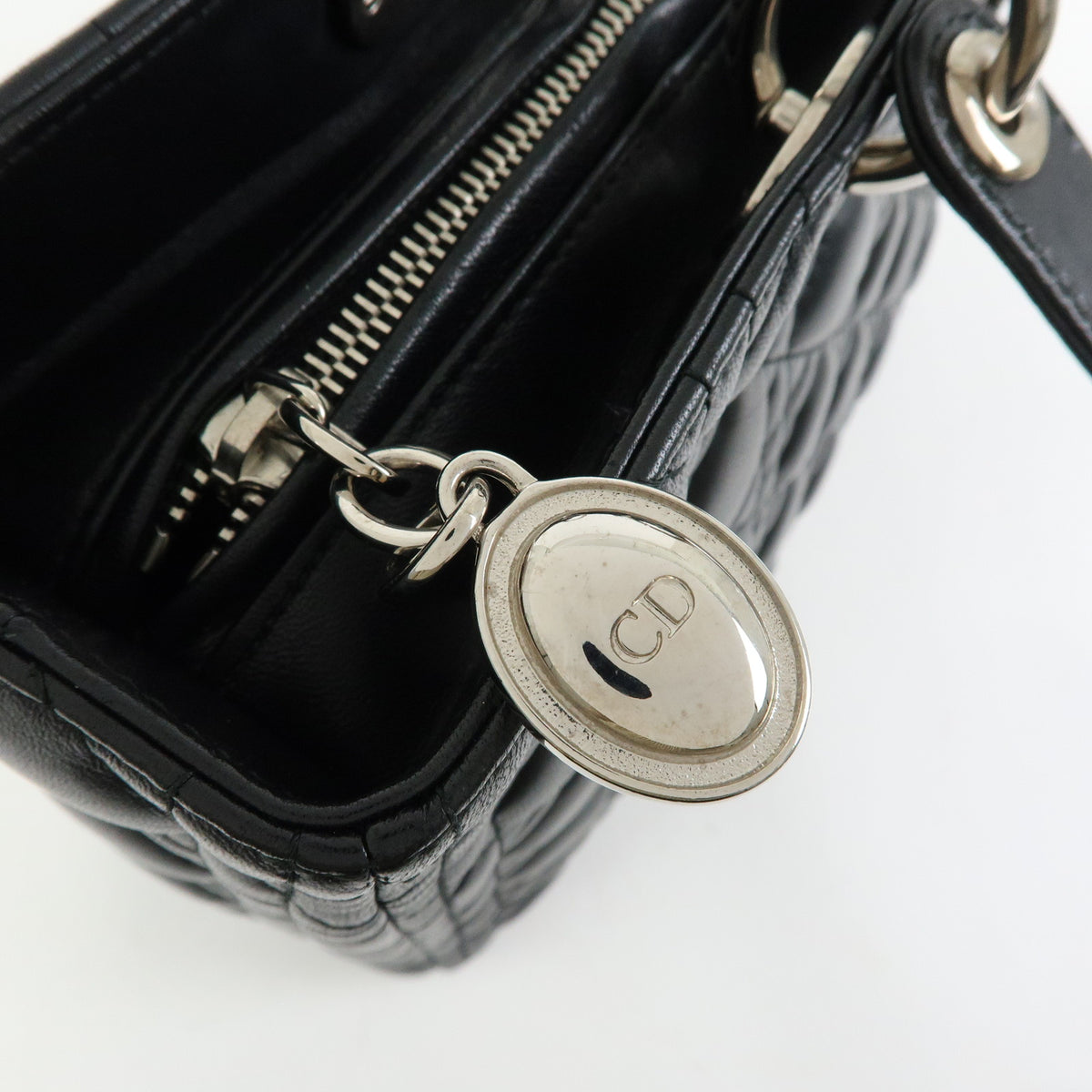 Christian Dior Lady Dior Cannage Lamb Skin Hand Bag Black