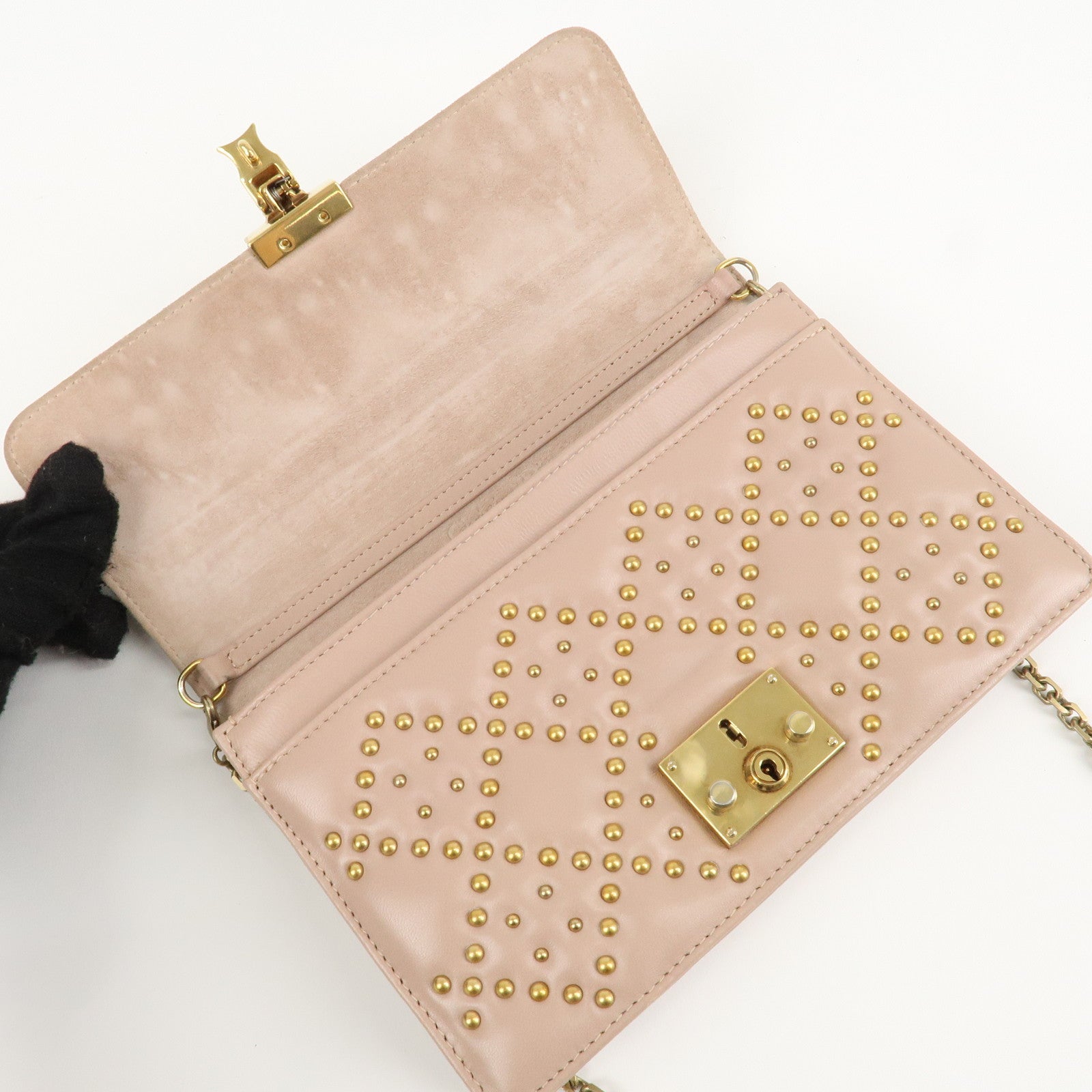 Christian Dior Addict Studs Leather Chain Shoulder Bag Hand Bag Beige Used