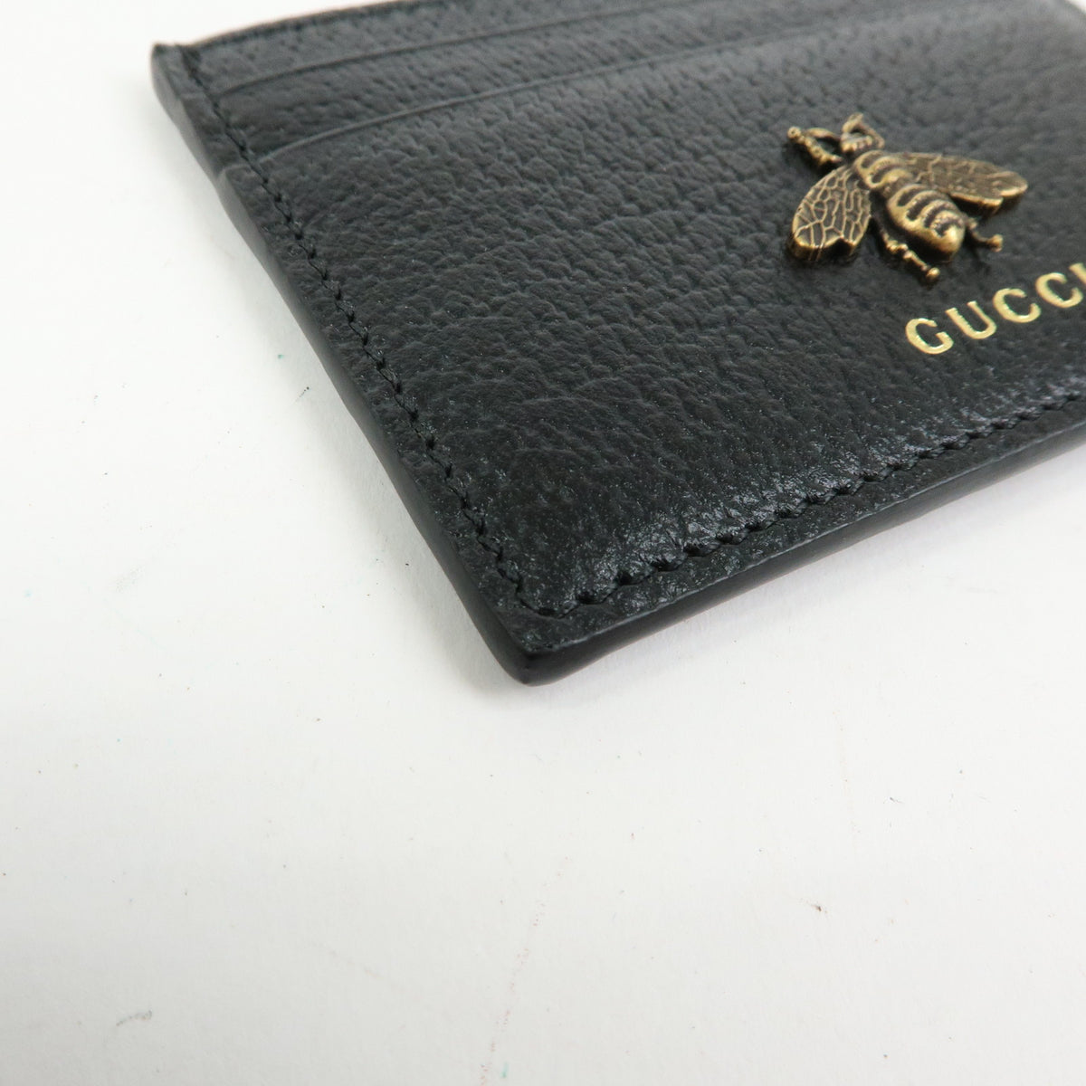 GUCCI Animalier Leather Card Case Card Holder Bee Motif Black 523685