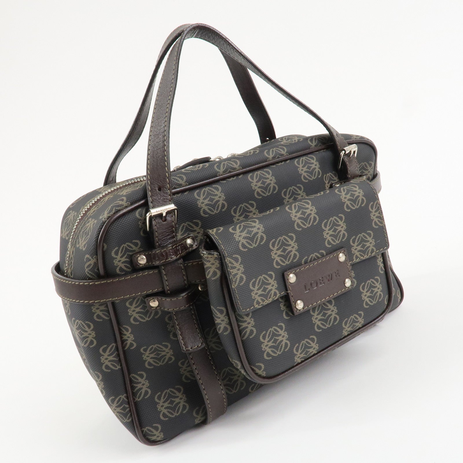 LOEWE Repeat Anagram PVC Leather 2Way Boston Bag Hand Bag Brown Used