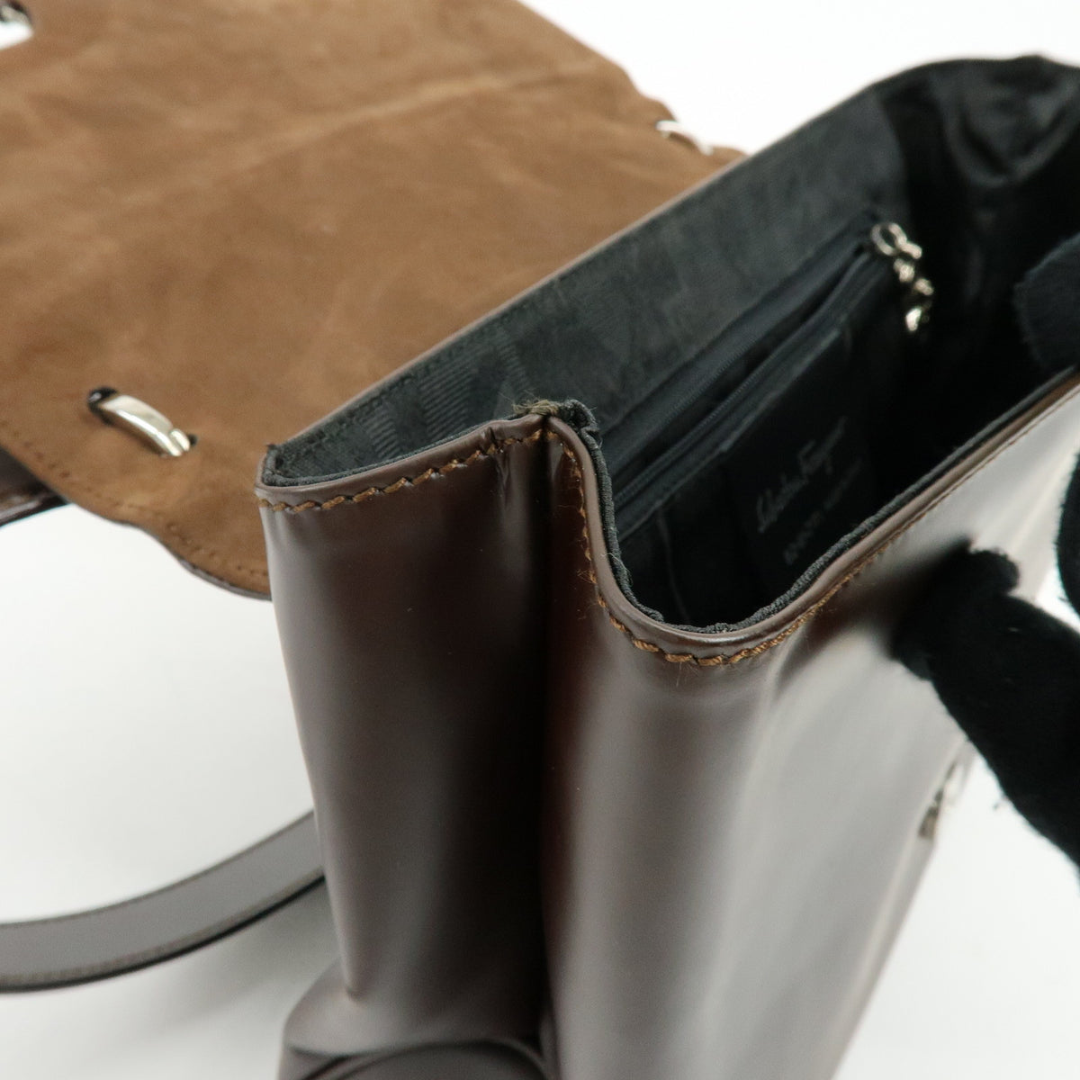 Ferragamo Vara Leather Shoulder Bag Hand Bag Dark Brown
