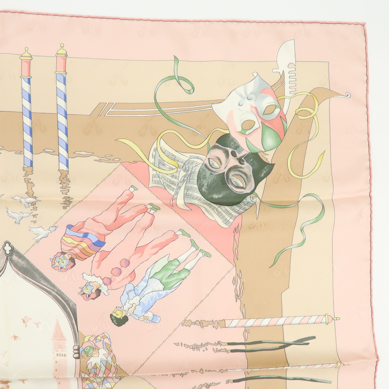HERMES Carre 90 Silk 100% Scarf LE CARNAVAL DE VENISE Beige Pink
