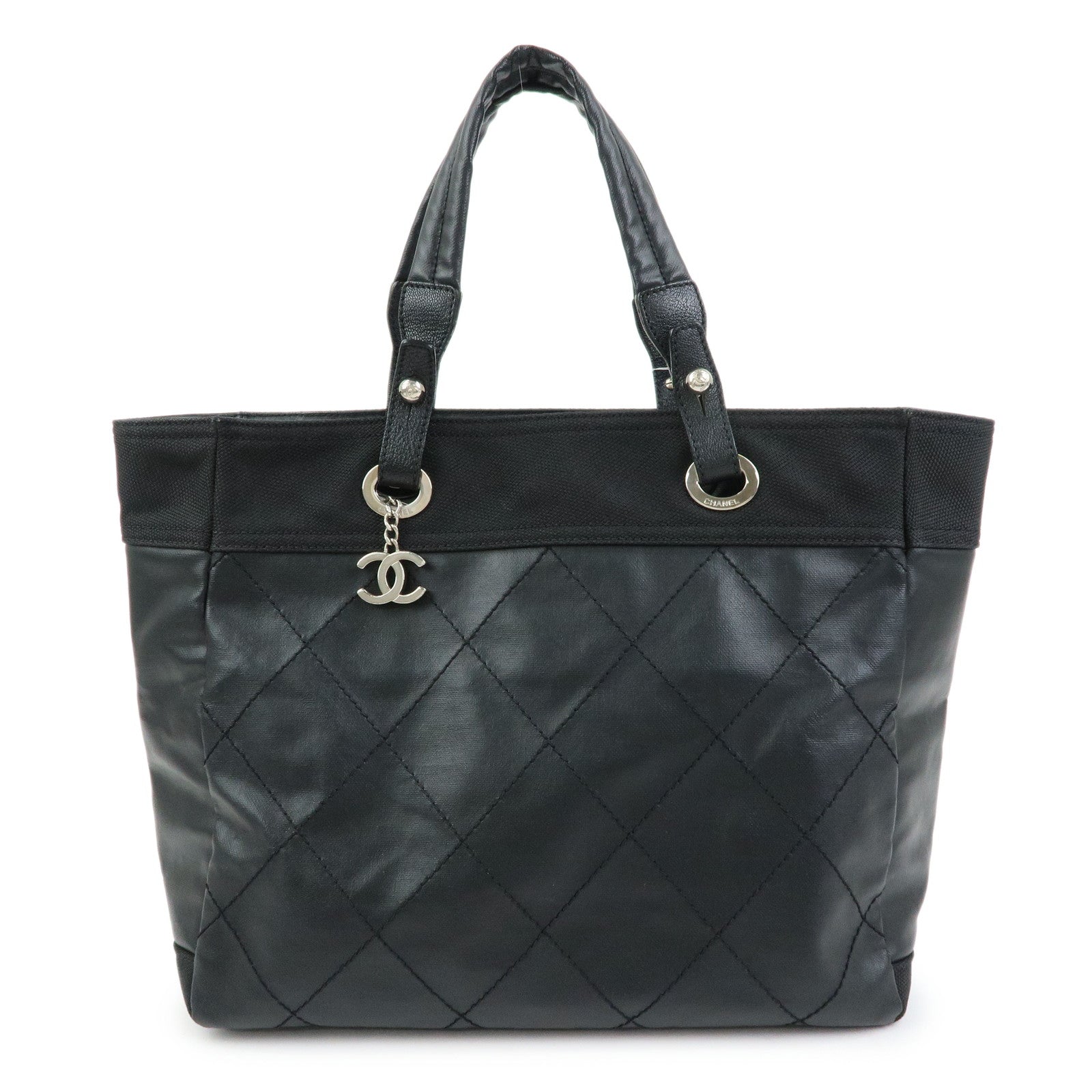 CHANEL Paris Biarritz MM PVC Leather Tote Bag Hand Bag Black A34209