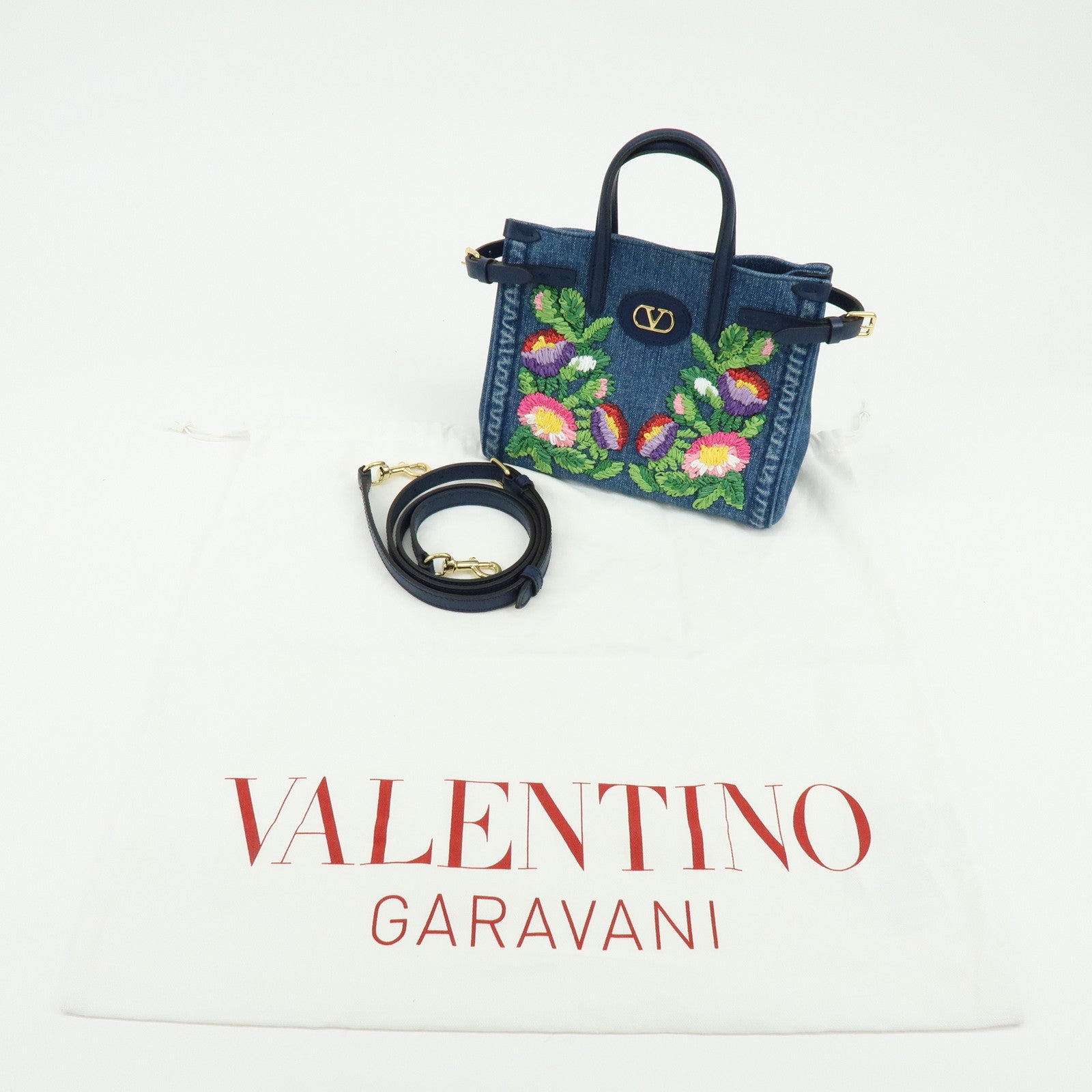 VALENTINO Denim Leather 2Way Hand Shoulder Bag Flower Embroidered
