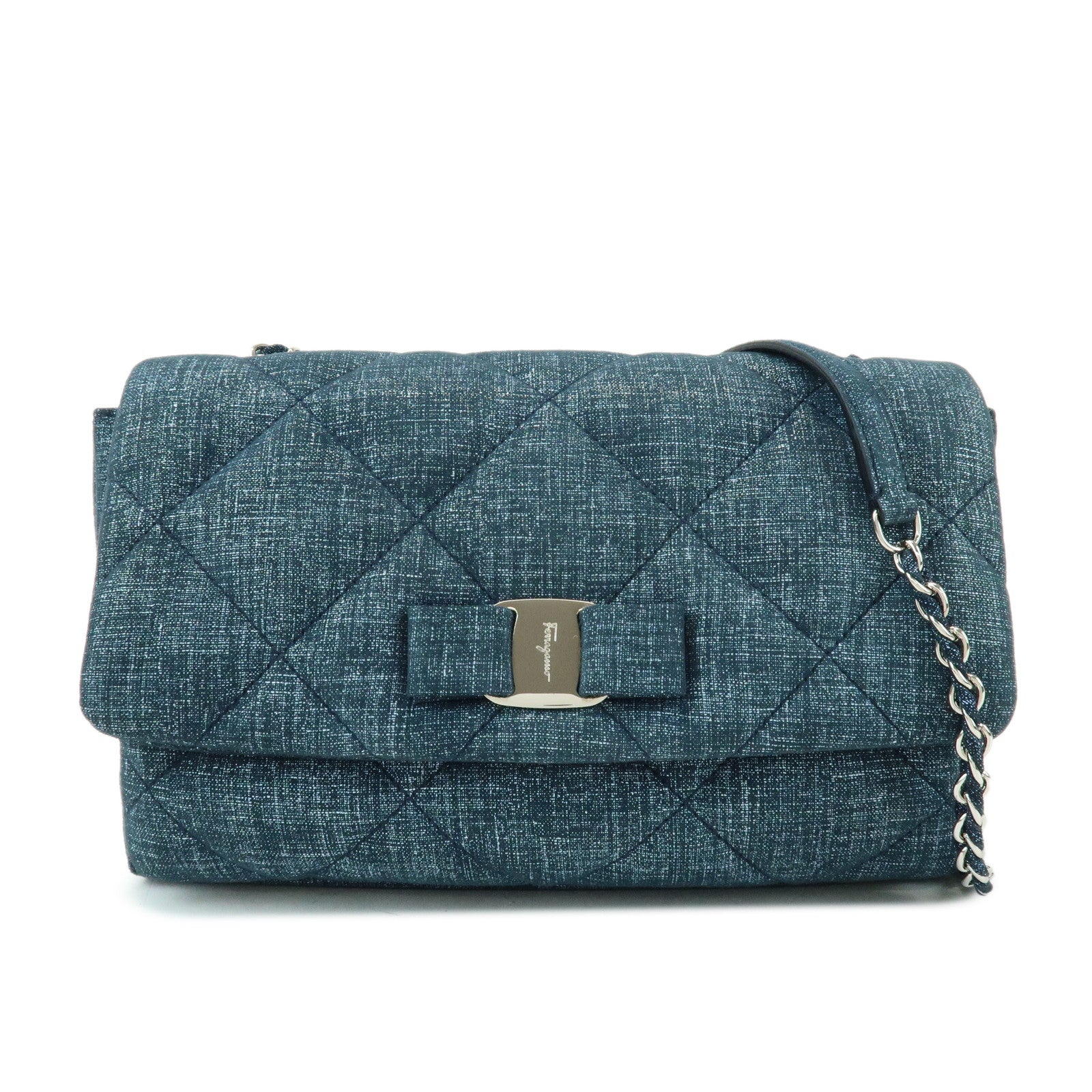 Ferragamo Vara Ribbon Denim Leather Chain Shoulder Bag Navy