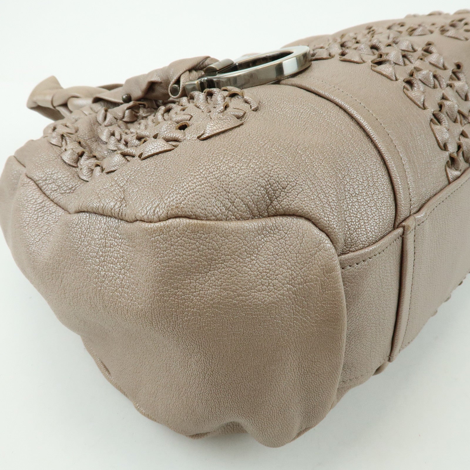 Ferragamo Gancini Leather Hand Bag Shoulder Bag Braid Pink Beige