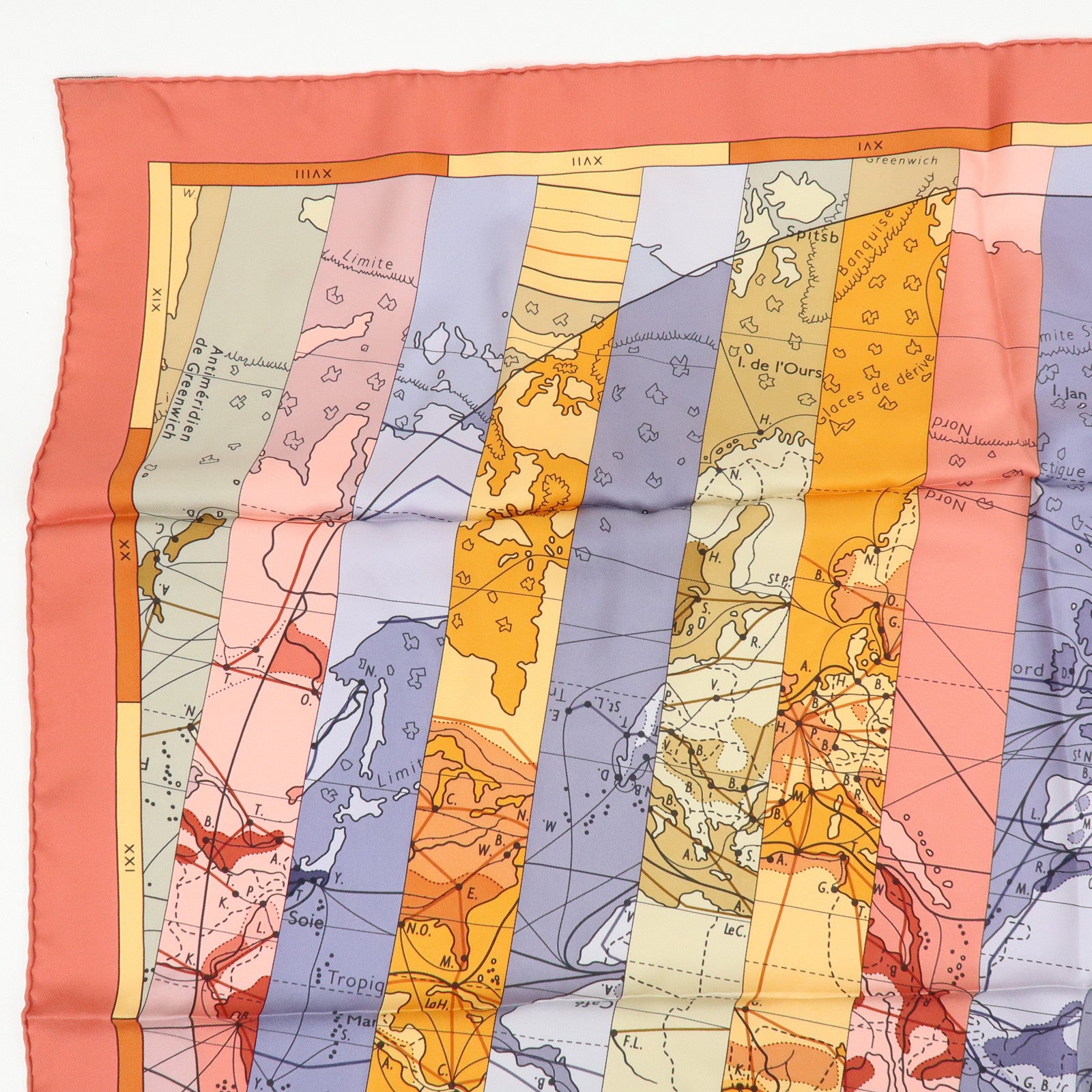 HERMES Carre 90 Silk 100% Scarf  LE MONDE EST VASTE Coral Orange