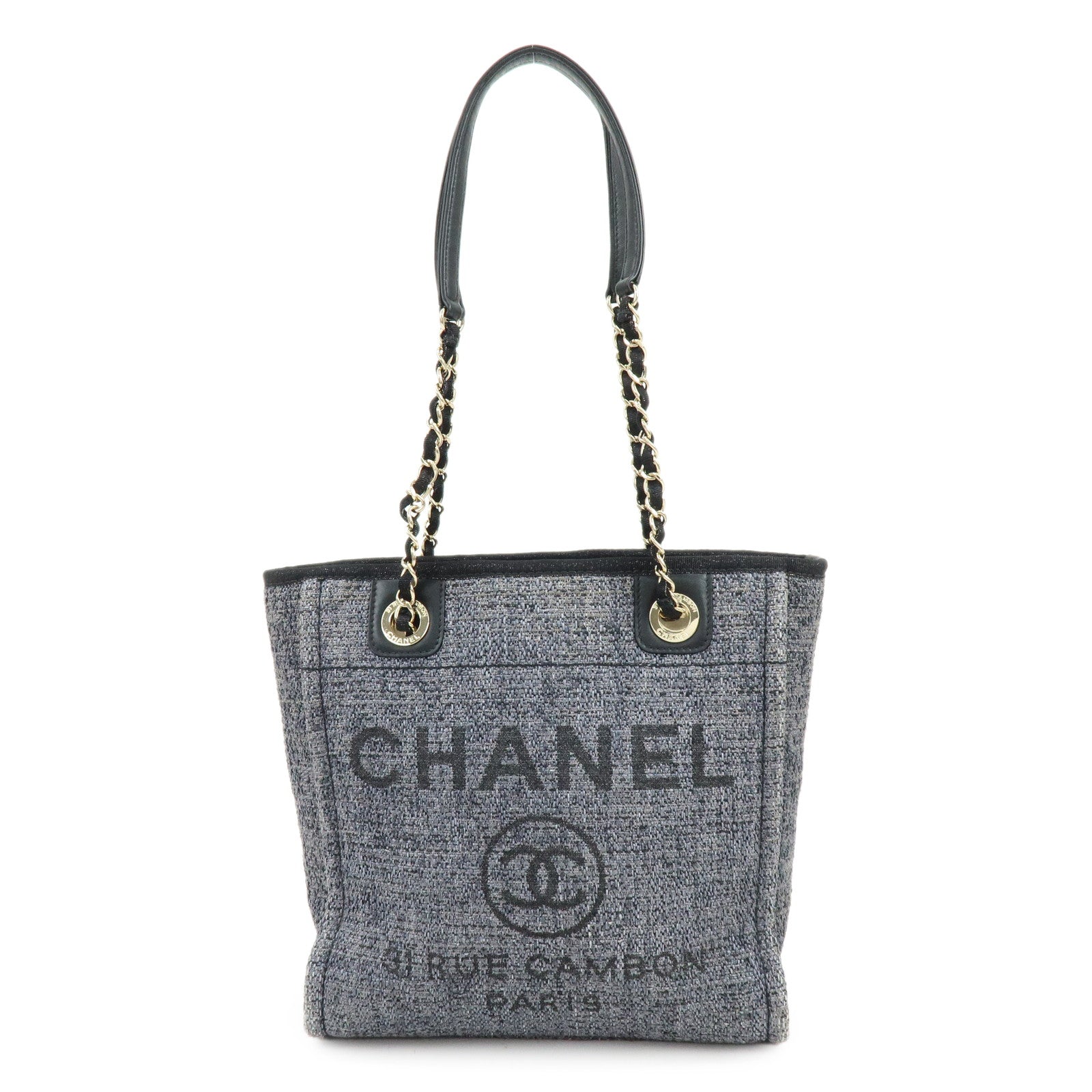 CHANEL Deauville PM Raffia Calf Leather Chain Tote Bag Black A66939