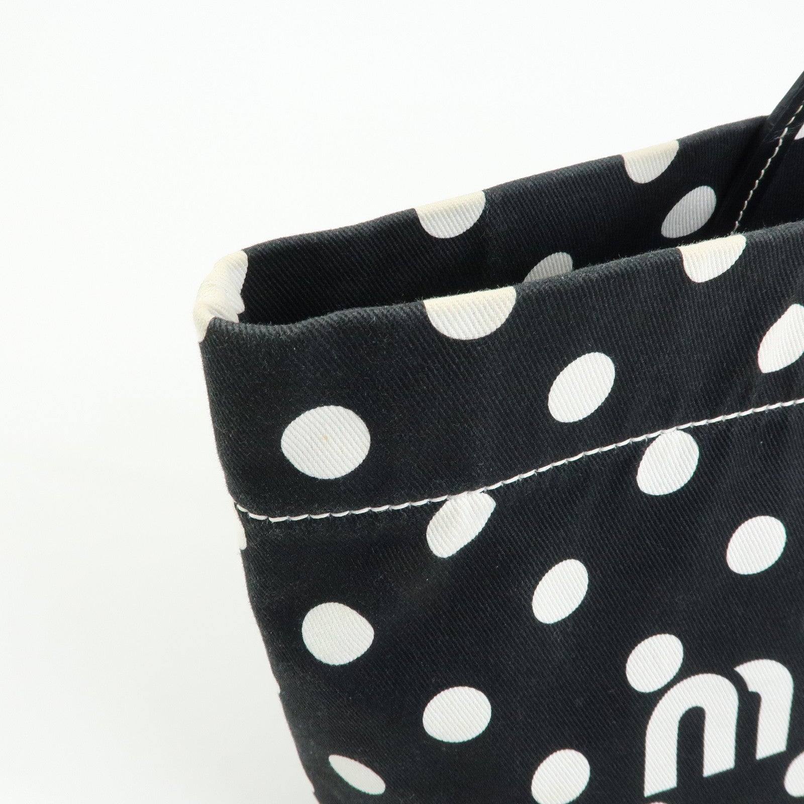 MIU MIU Logo Canvas Leather Polka Dots Tote Shoulder Bag Black 5BG234