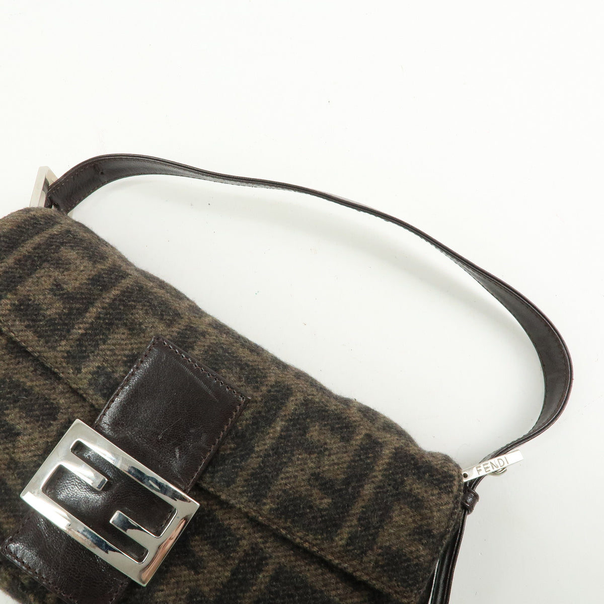 FENDI Zucca Mamma Baguette Wool Leather Shoulder Bag Hand Bag 26424
