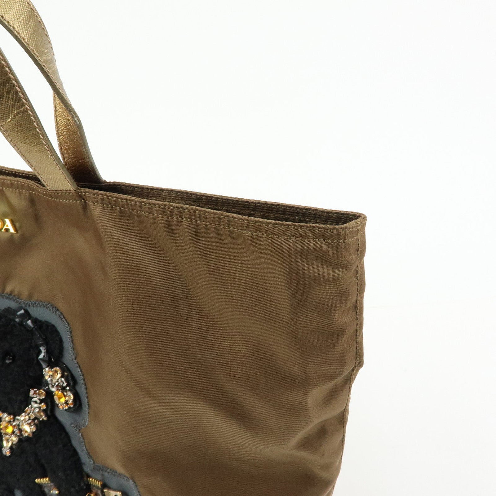 PRADA Bijoux Bear Motif Nylon Saffiano Leather Tote Bag Khaki Gold