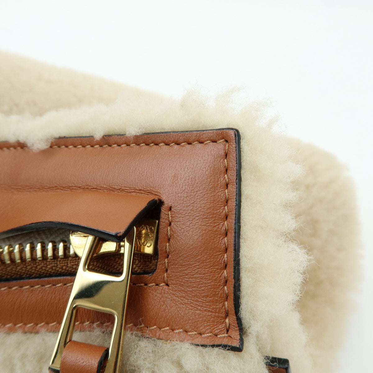 LOEWE Anagram Shearling Leather Clutch Bag Pouch Beige Brown