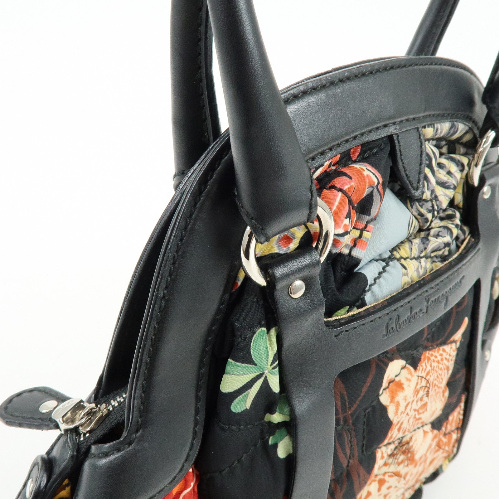 Ferragamo Nylon Quilting Leather Hand Bag Animalier Black Multicolor