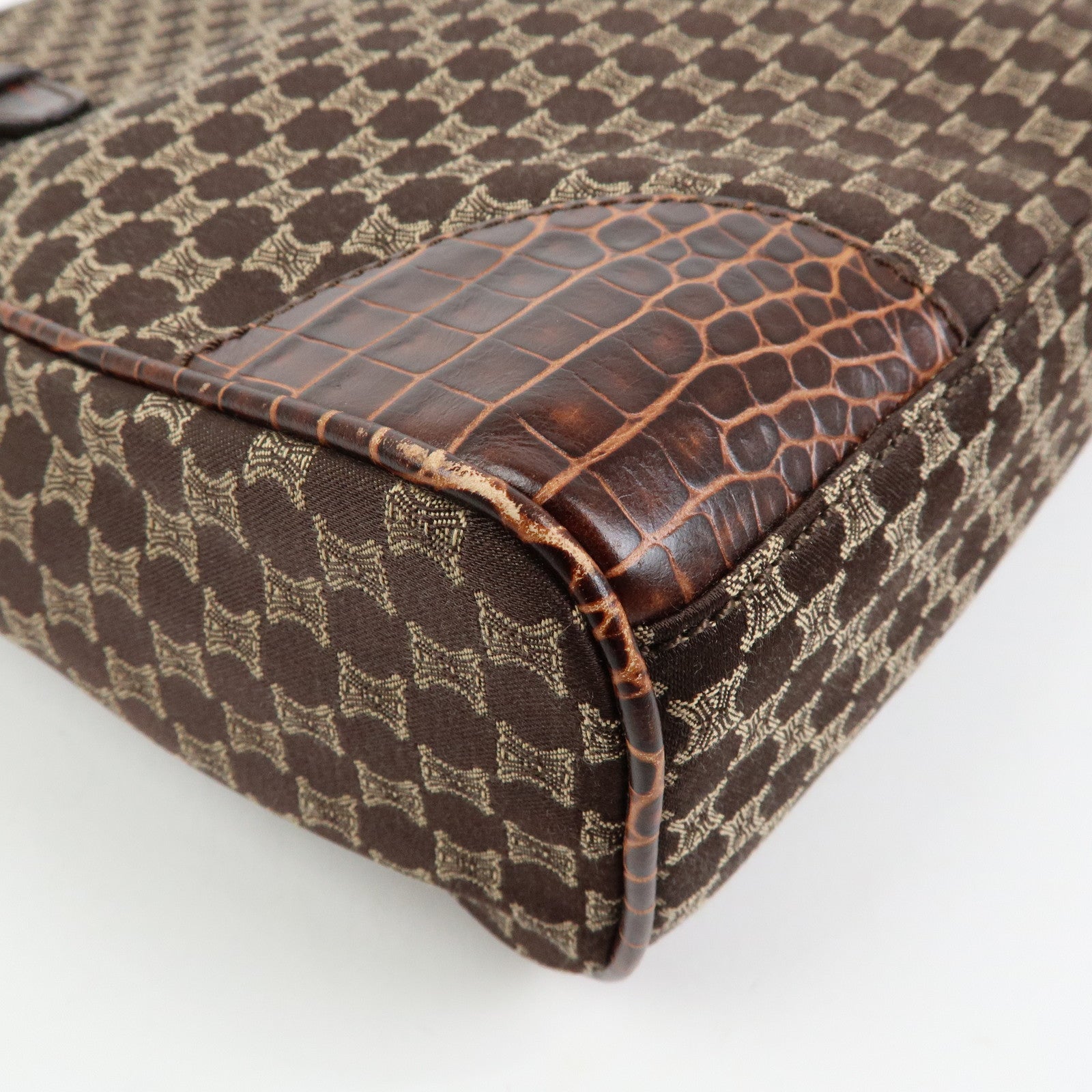 CELINE Macadam Embossed Leather Canvas Tote Bag Hand Bag Brown