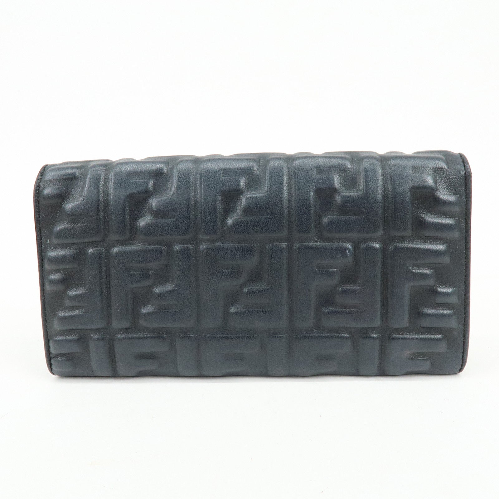 FENDI  Baguette Zucca Embossed Leather Chain Long Wallet Black 8M0365