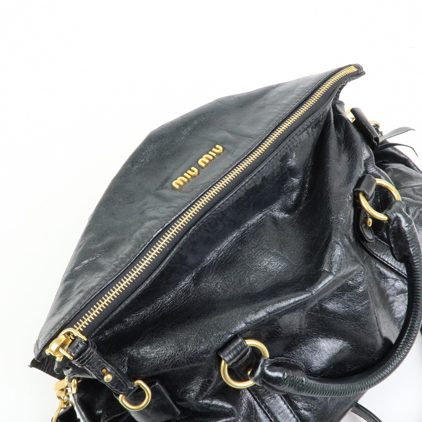 MIU MIU Leather Side Ribbon Large 2Way Hand Shoulder Bag Black  RT0365