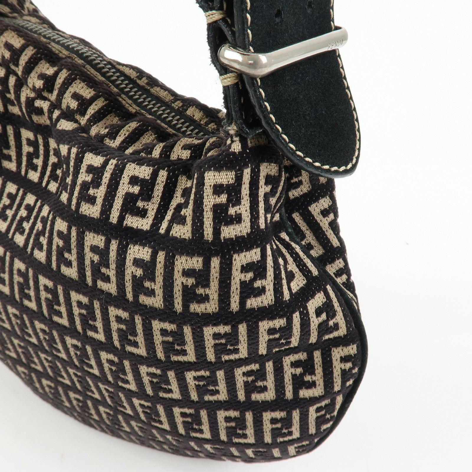 FENDI Zucchino Canvas Leather Shoulder Bag Hand Bag Black Beige