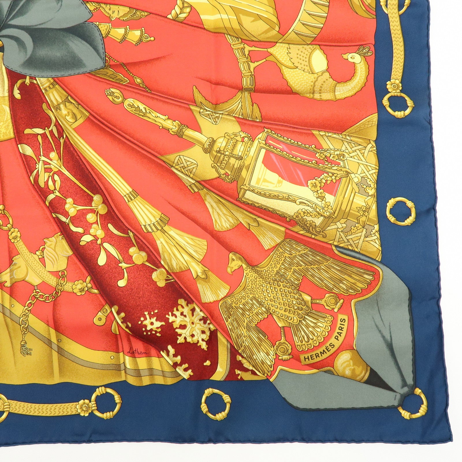 HERMES Carre 90 Silk 100% Scarf Soleil de Soie  Red Navy Gold