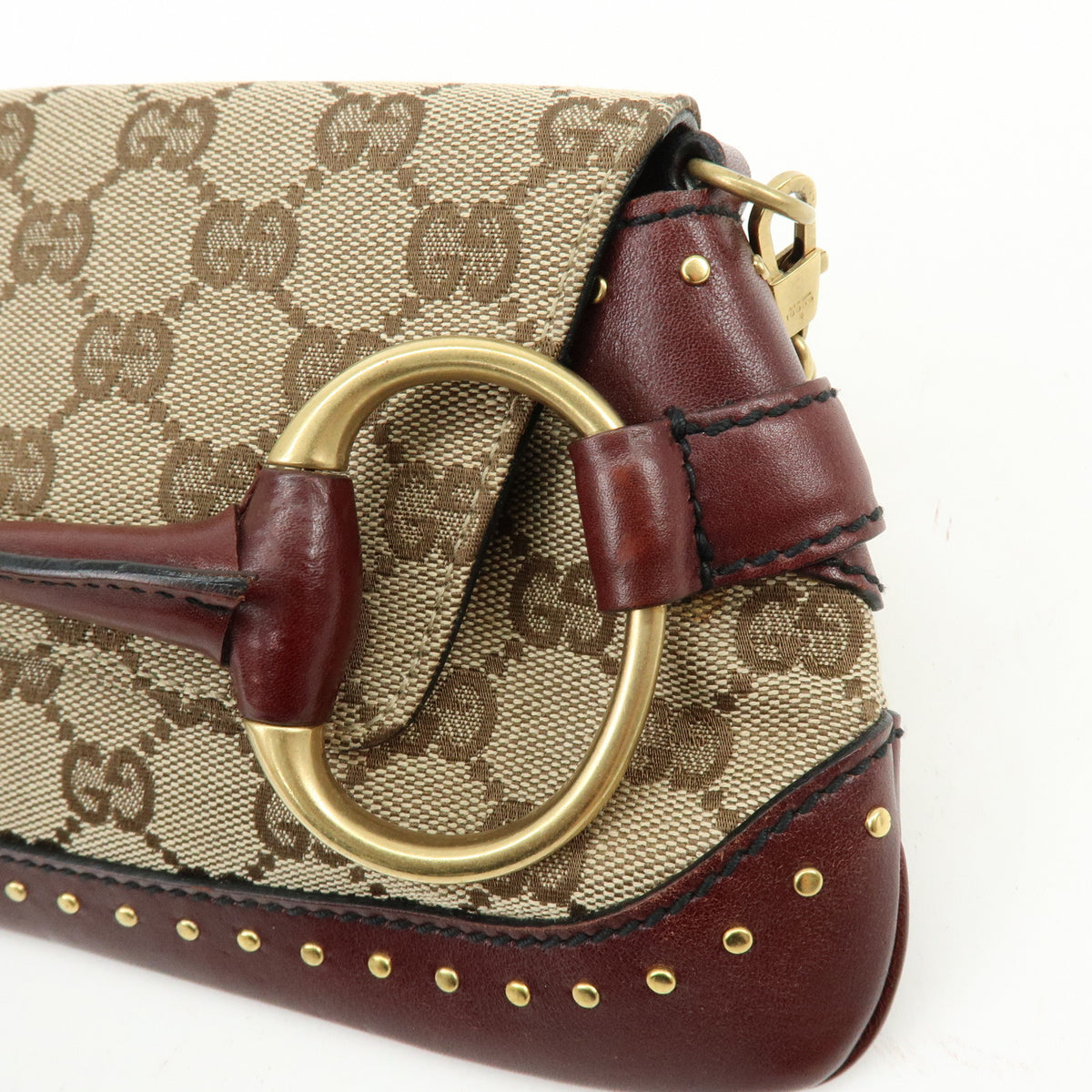 GUCCI Horsebit GG Canvas Leather Chain Hand Bag Brown Bordeaux 119186