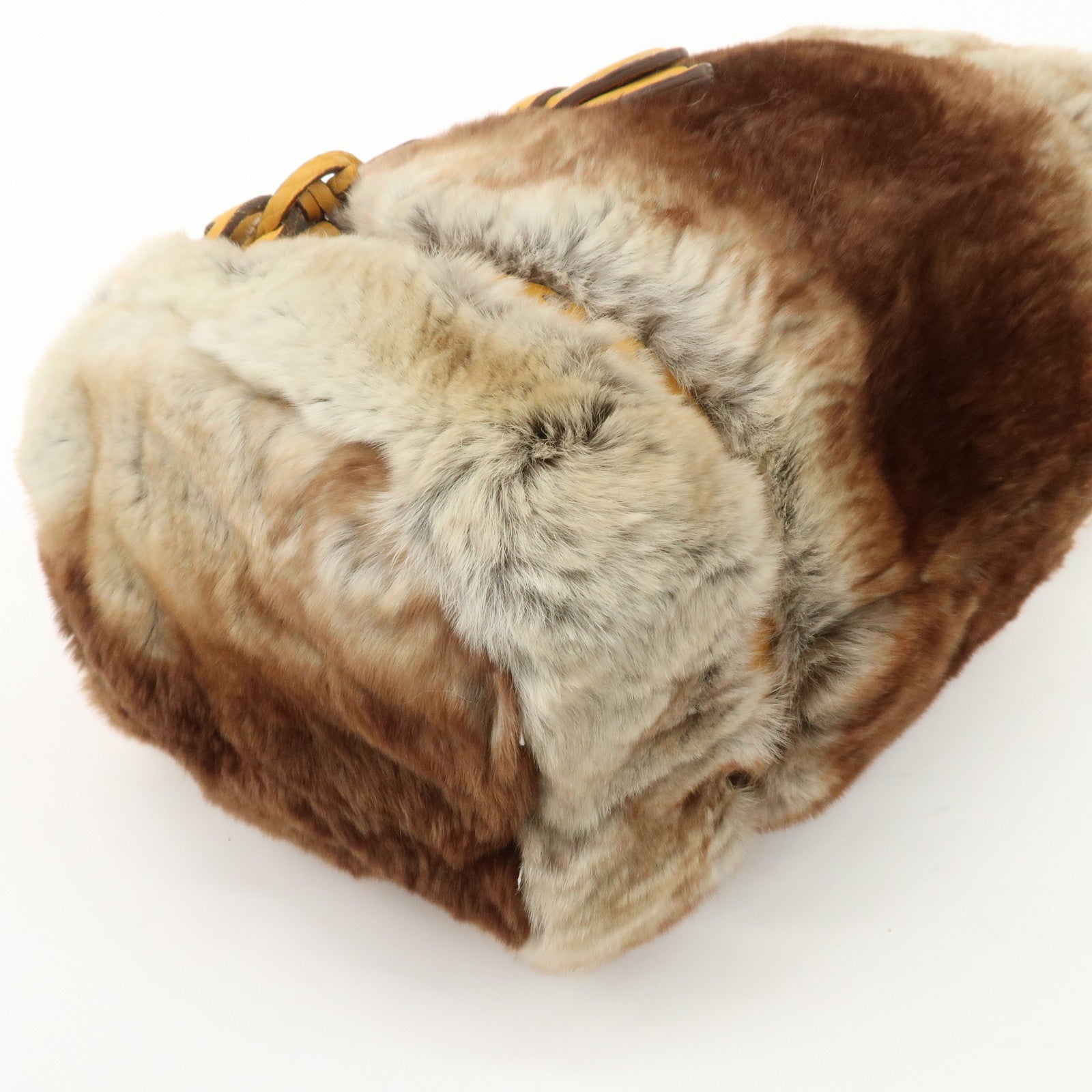 FENDI Seleria Leather Fur Mini Linda Hand Bag Brown White 8BR486 Used