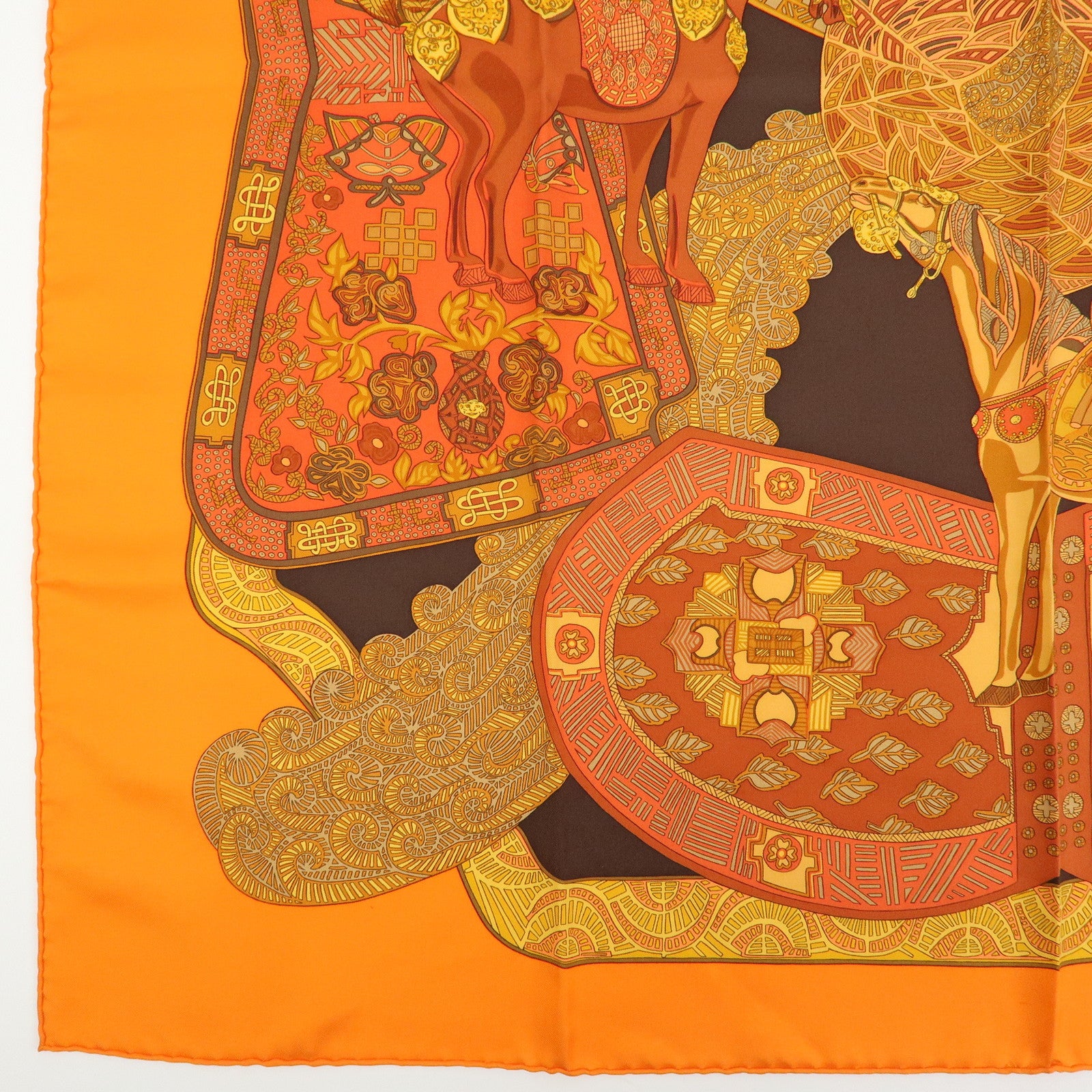 HERMES Carre 90 Silk 100% Scarf ART des STEPPES Horse Print Orange