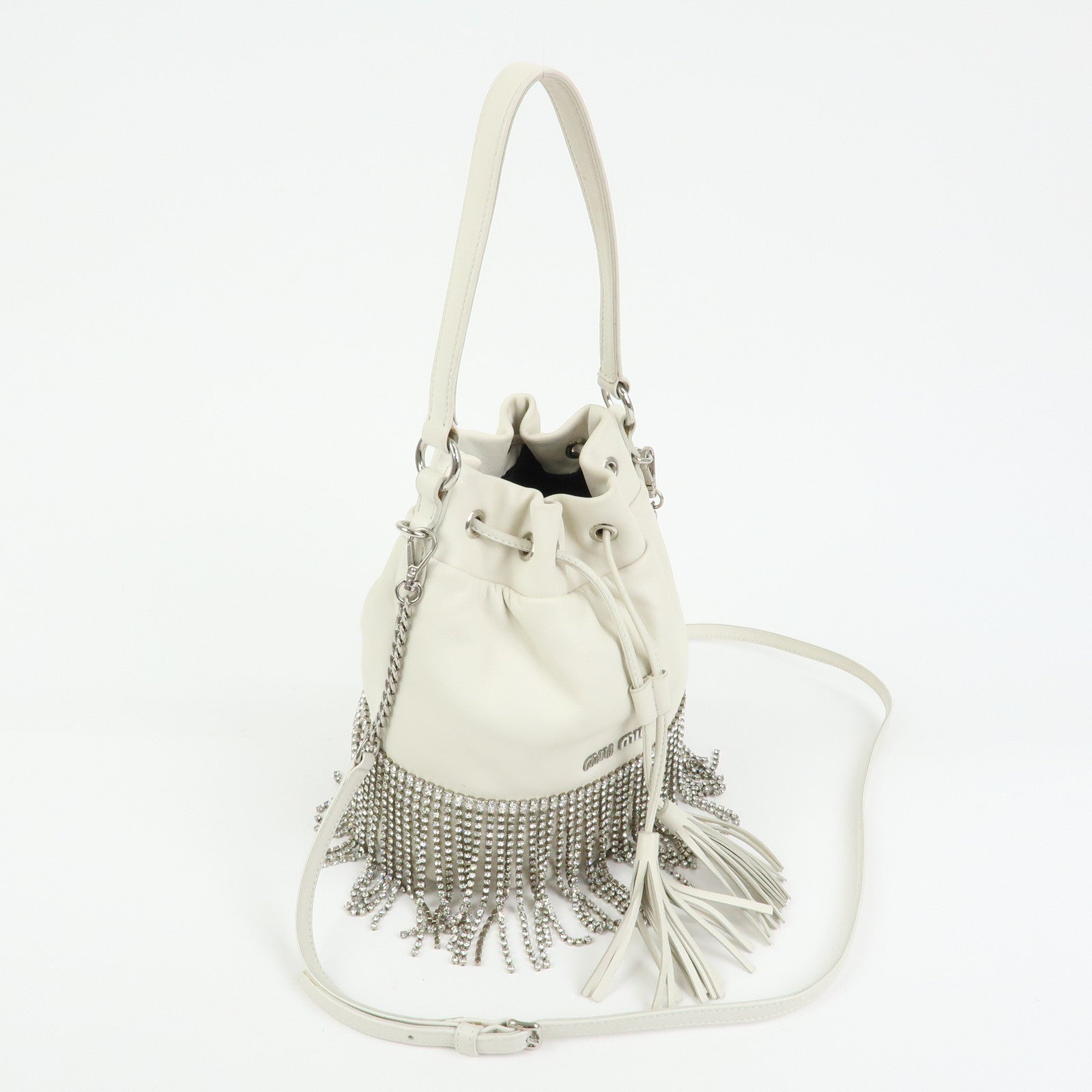 MIU MIU Nappa Leather 2Way Hand Bag Shoulder Bag Fringe White 5BE014