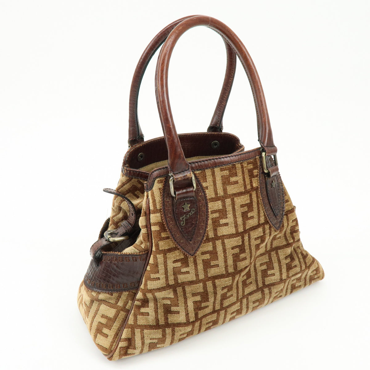 FENDI Zucca Etnico Velour Leather Tote Bag Shoulder Bag Brown 8BN157