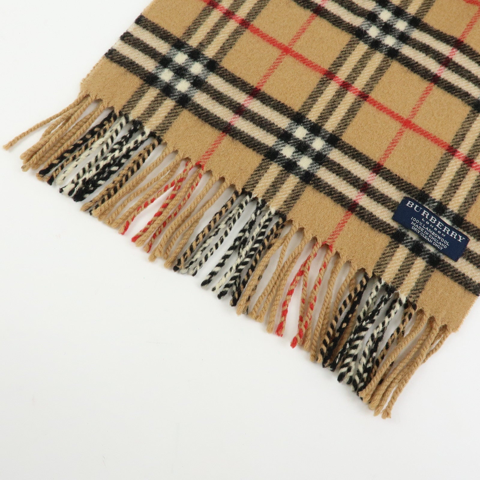 BURBERRY Nova Plaid Wool 100% Fringe Scarf Camel Black Red