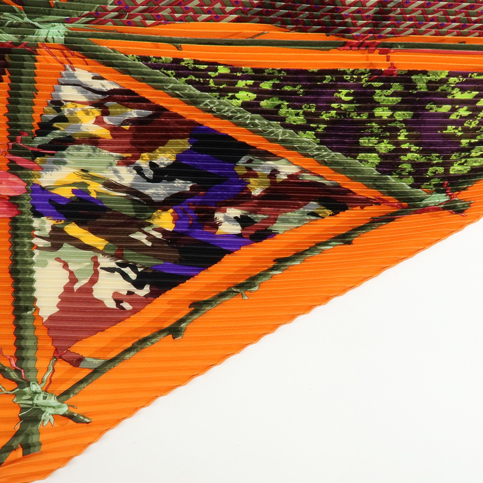 HERMES Pleated Carre 90 Silk 100% Scarf LE ROBINSON CHIC Orange Purple