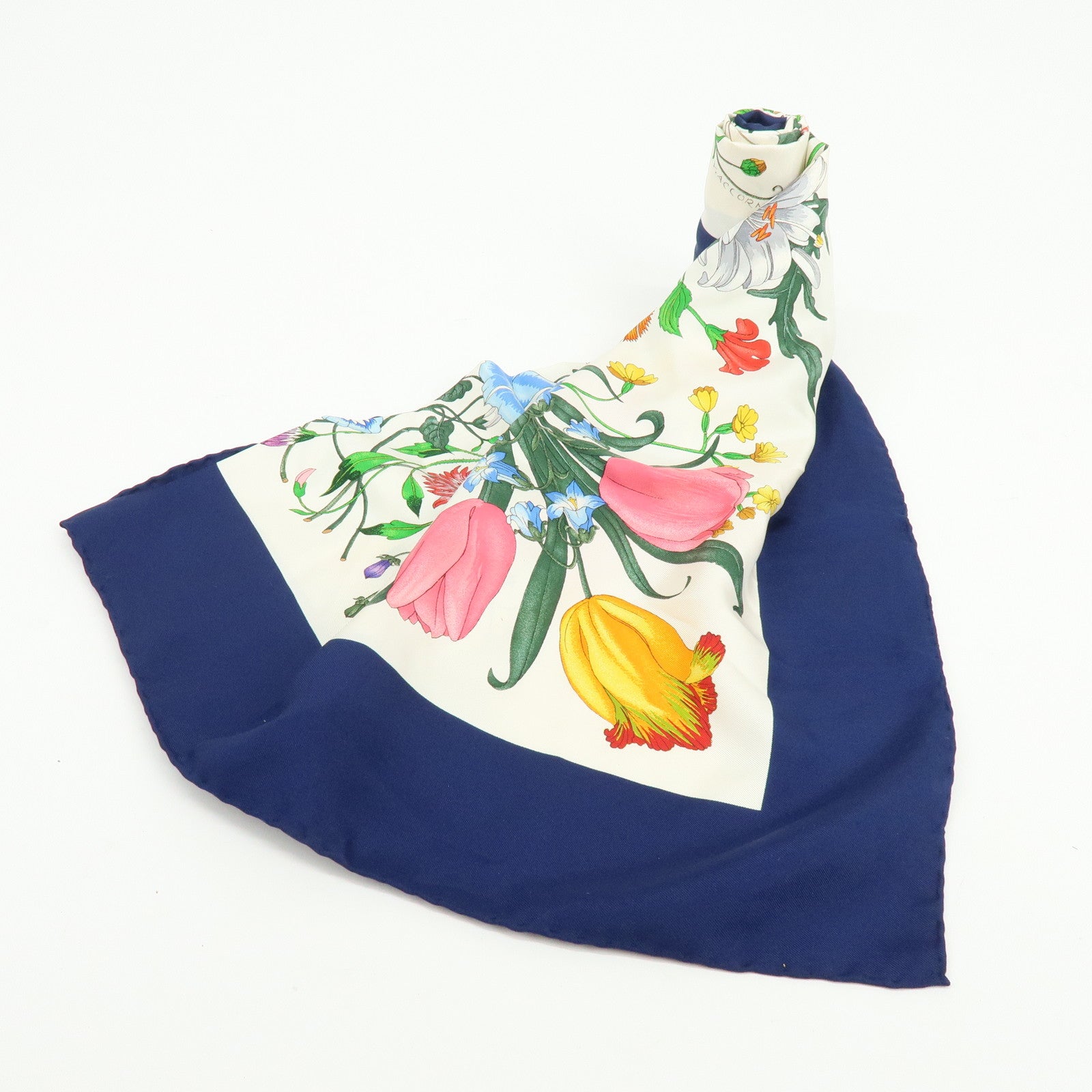 GUCCI Silk 100% Scarf Flower Design White Navy Pink