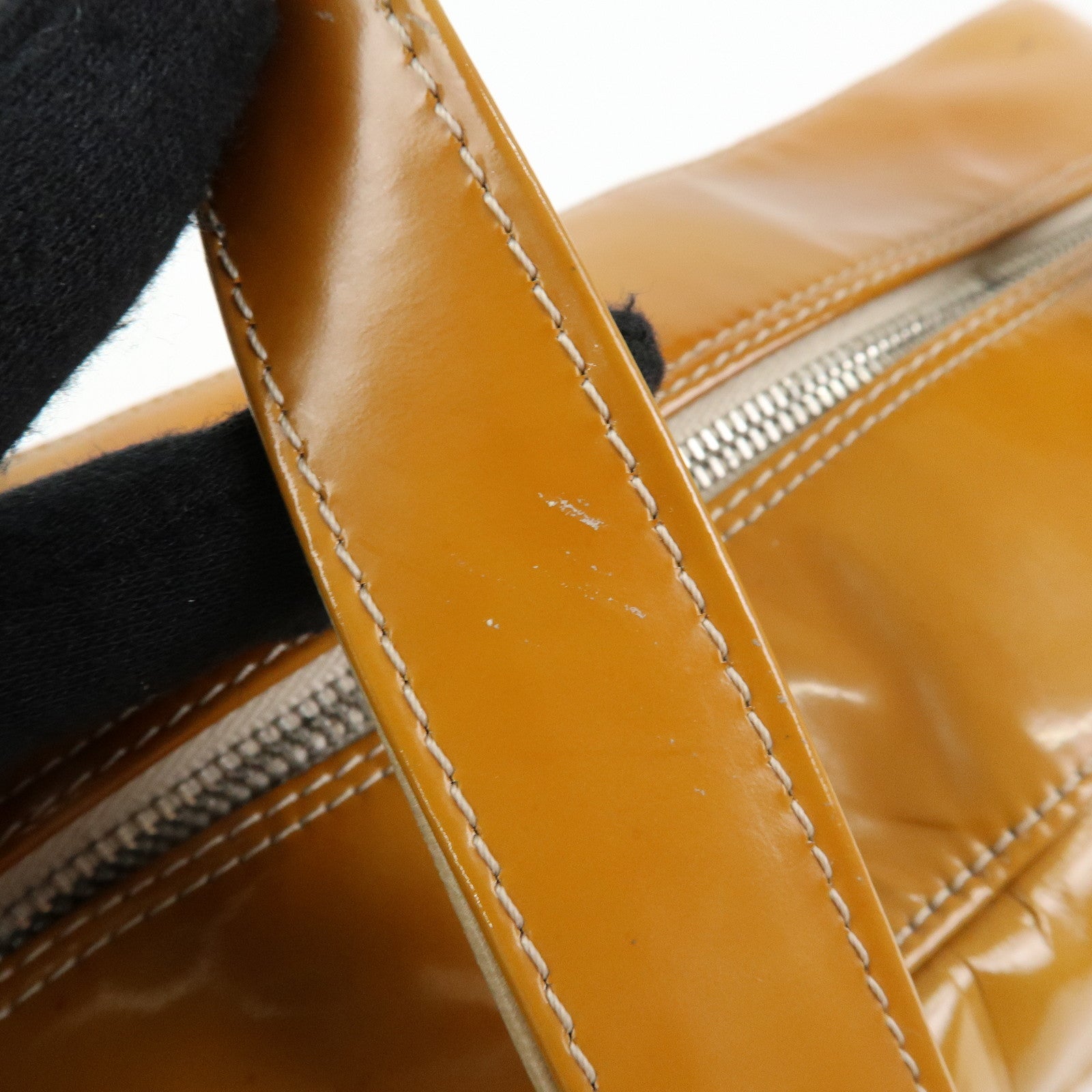 CHANEL Chocolate Bar COCO Mark Patent Leather Boston Bag Hand Bag Camel