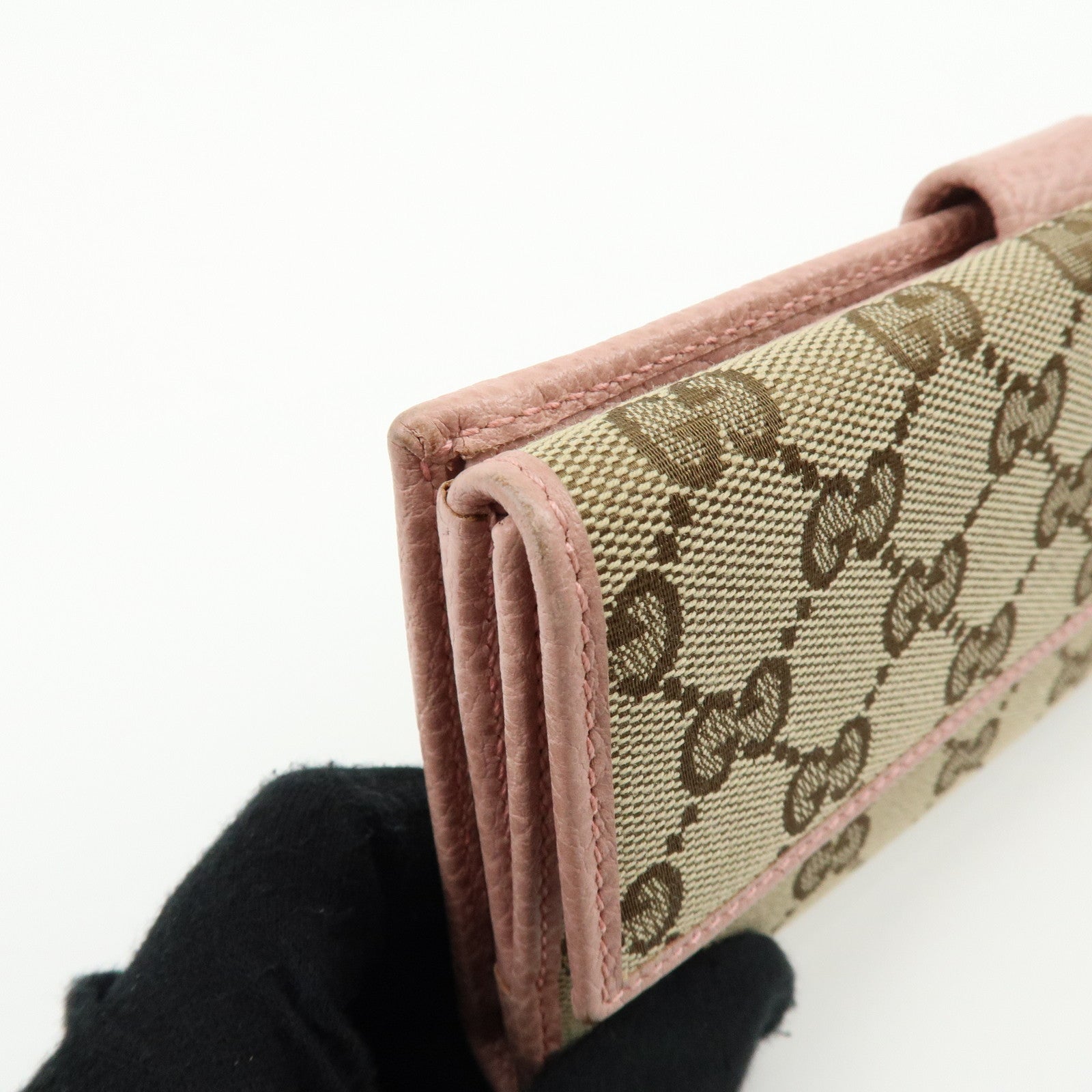GUCCI GG Canvas Leather W Hook Bi-fold Long Wallet Beige Pink 231841