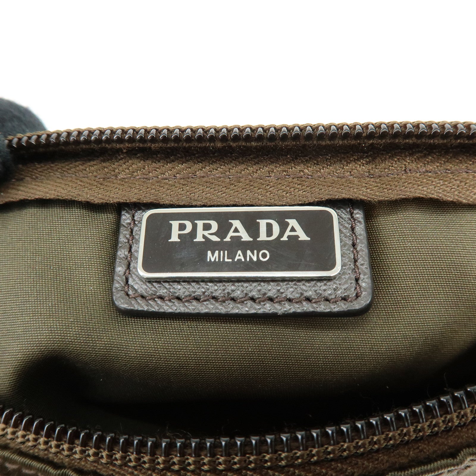 PRADA Triangle Logo Nylon Leather Pouch Cosmetic Makeup Bag Khaki
