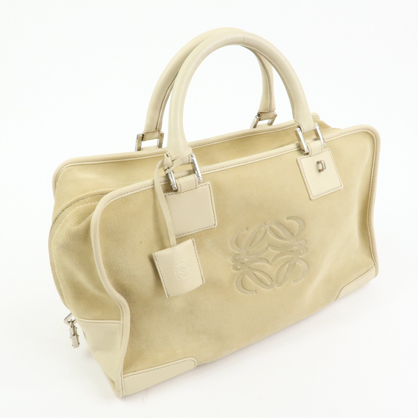 LOEWE Amazona 36 Suede Leather Boston Bag Hand Bag Beige Ivory
