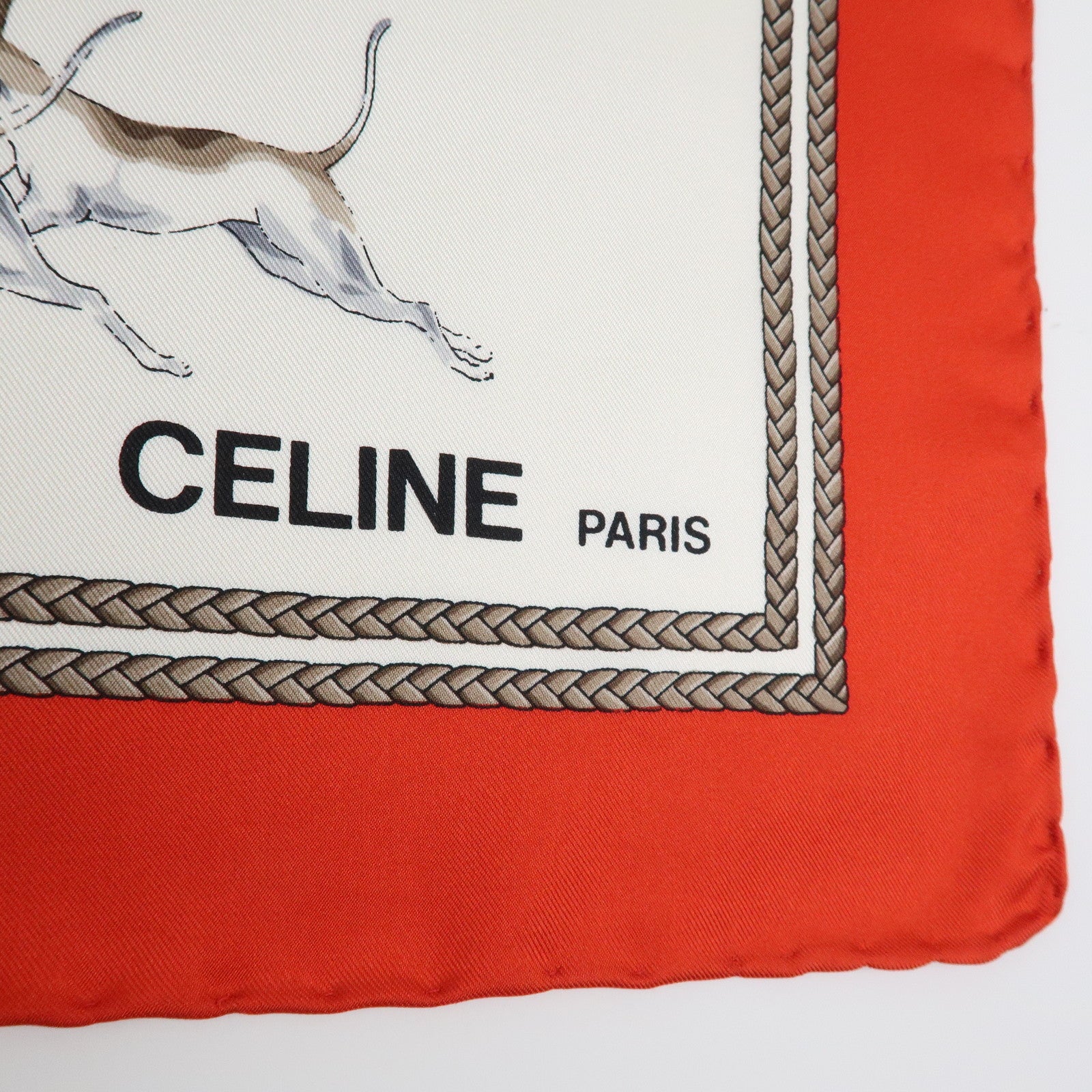 CELINE Silk 100% Scarf Hunting Hounds Horseback Riders Red White